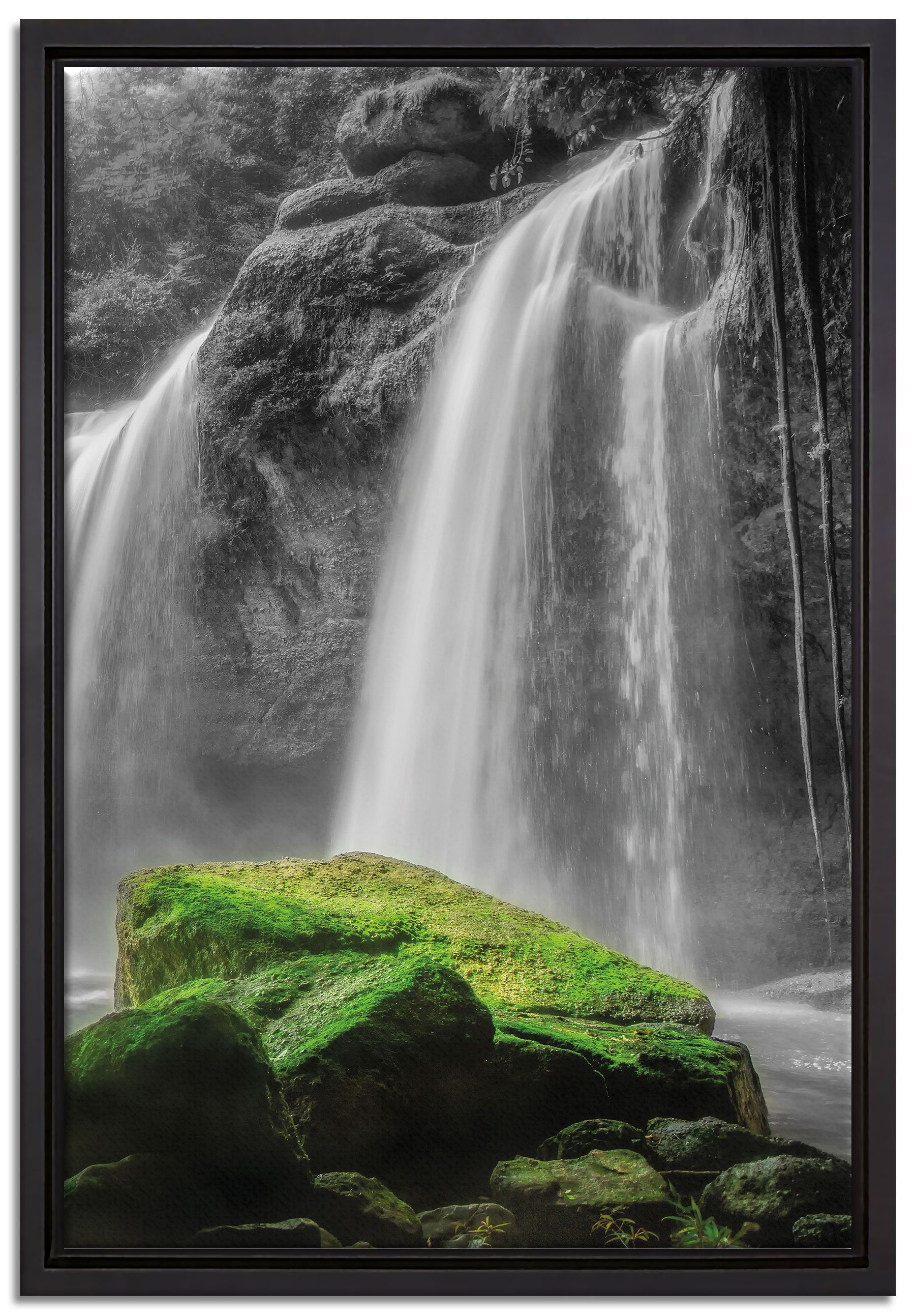 Pixxprint Leinwandbild traumhafter Wasserfall im Dschungel, Wanddekoration (1 St), Leinwandbild fertig bespannt, in einem Schattenfugen-Bilderrahmen gefasst, inkl. Zackenaufhänger
