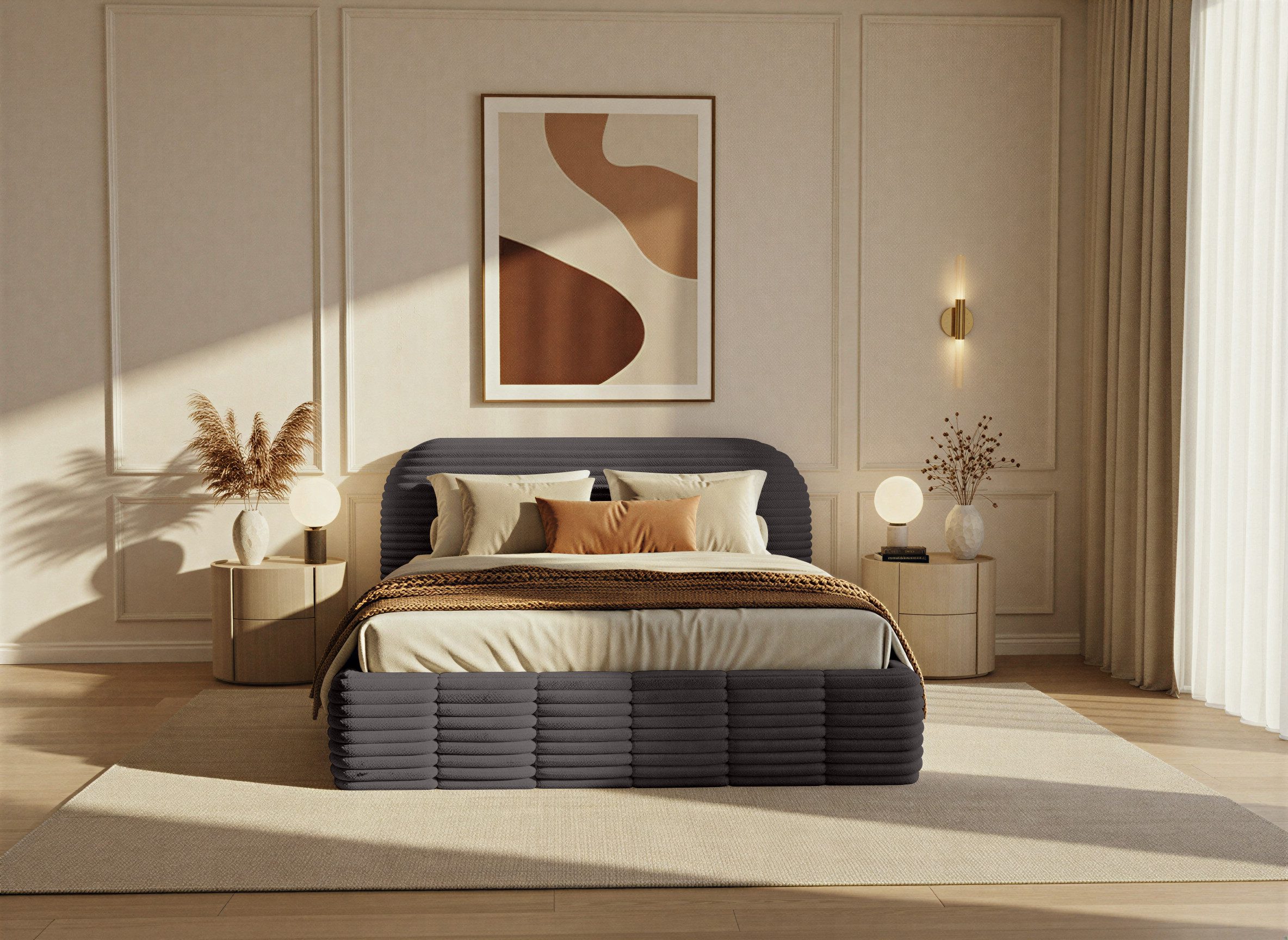 thematys Polsterbett mit Bettkasten, CLOUD 140x200 160x200 180x200 200x200cm (Kopfteil im Modernen-Look – weich, modern und pflegeleicht), hochwertiger Bouclé-Stoff in Ash, Weiß, Beige und Kreme, Inklusive Lattenrost: Holzrahmen,hochwertiger Stoff), hydraulische Klappfunktion für Stauraum