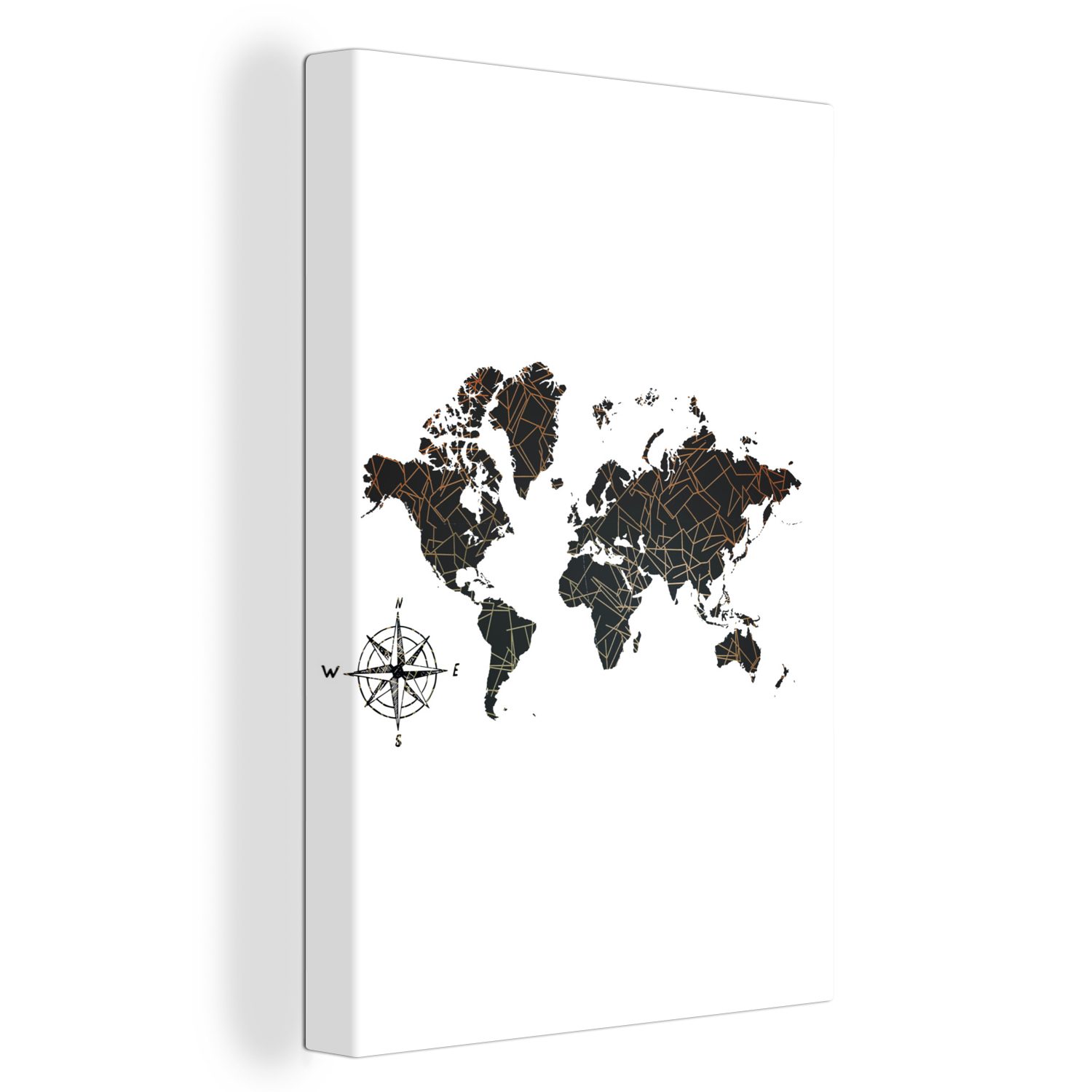 OneMillionCanvasses® Leinwandbild Weltkarte - Bronze bespannt fertig Leinwandbild Gemälde, St), 20x30 - Zackenaufhänger, Kompass, cm (1 inkl
