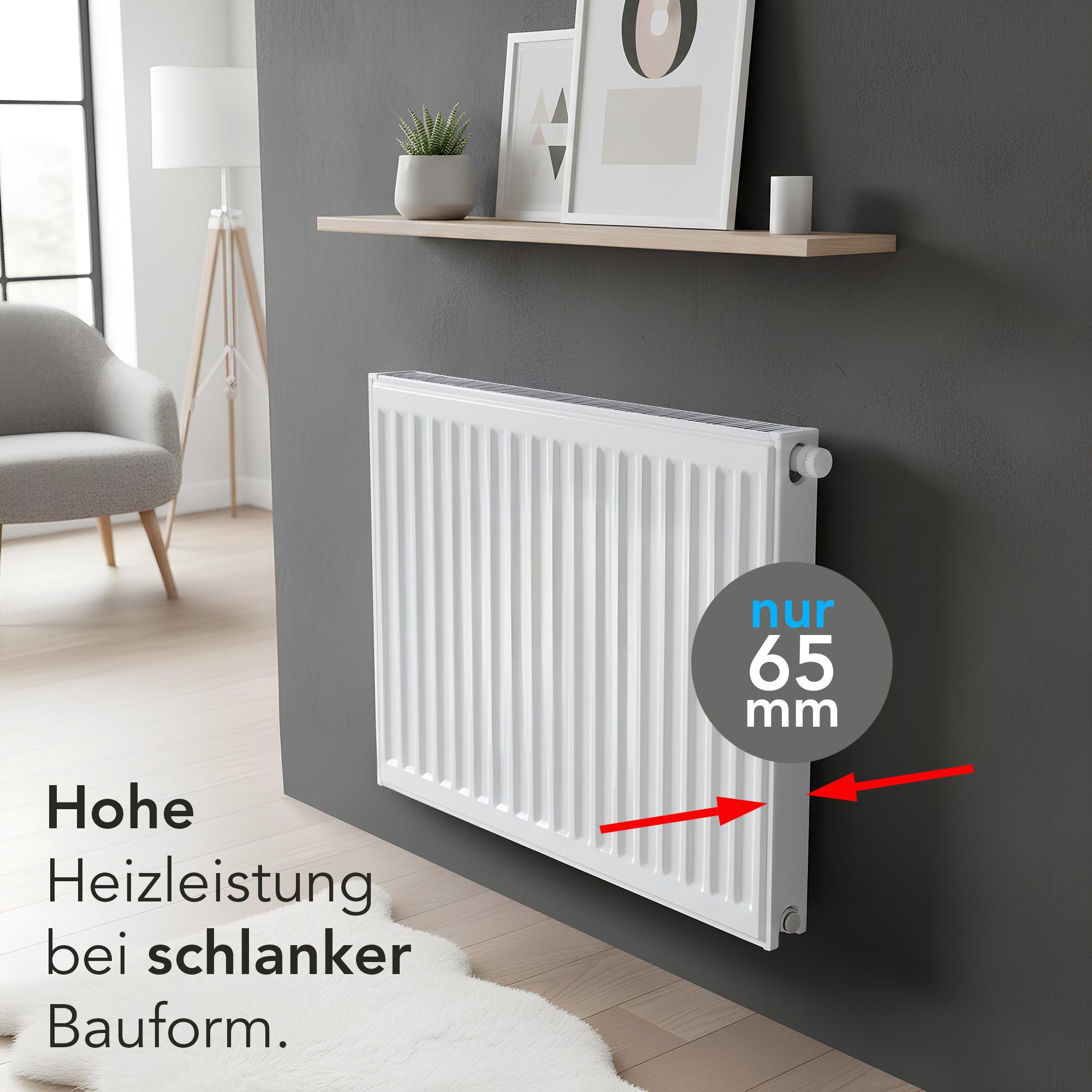 Belrad Heizkörper Typ 11 Universalheizkörper Kompakt Ventilheizkörper, 6 Anschlüsse, 65 mm tief, wandmontierbar, DIN EN 442 geprüft