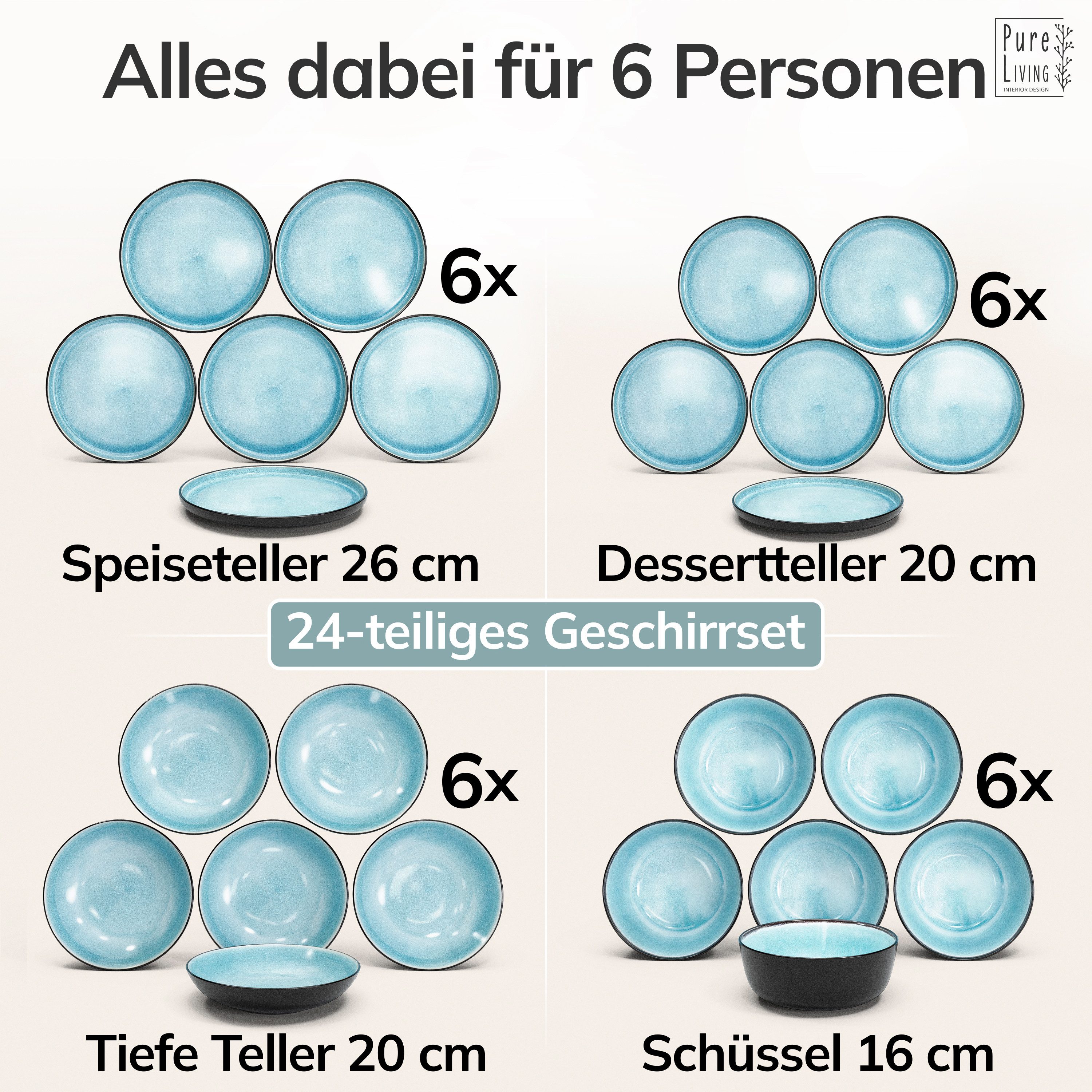 PURE LIVING INTERIOR DESIGN Geschirr-Set Ibiza aus Steingut, 24-tlg., für 6 Personen, Aquamarin (24-tlg), 6 Personen, Steingut – Bild 5 von 5