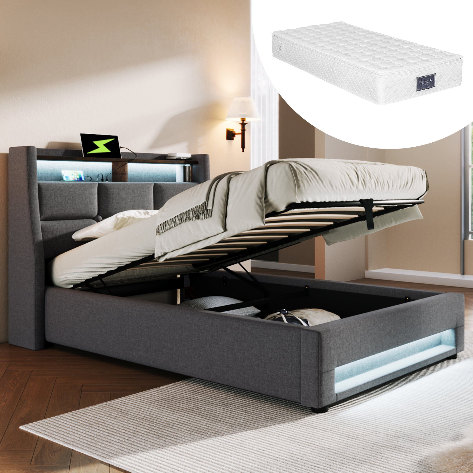 Polsterbett (Funktionsbett, 90x200 cm Hydraulisches Bett mit Lattenrost), Stauraumbett mit LED-Beleuchtung und USB-Anschluss, Baumwolle-Leinen