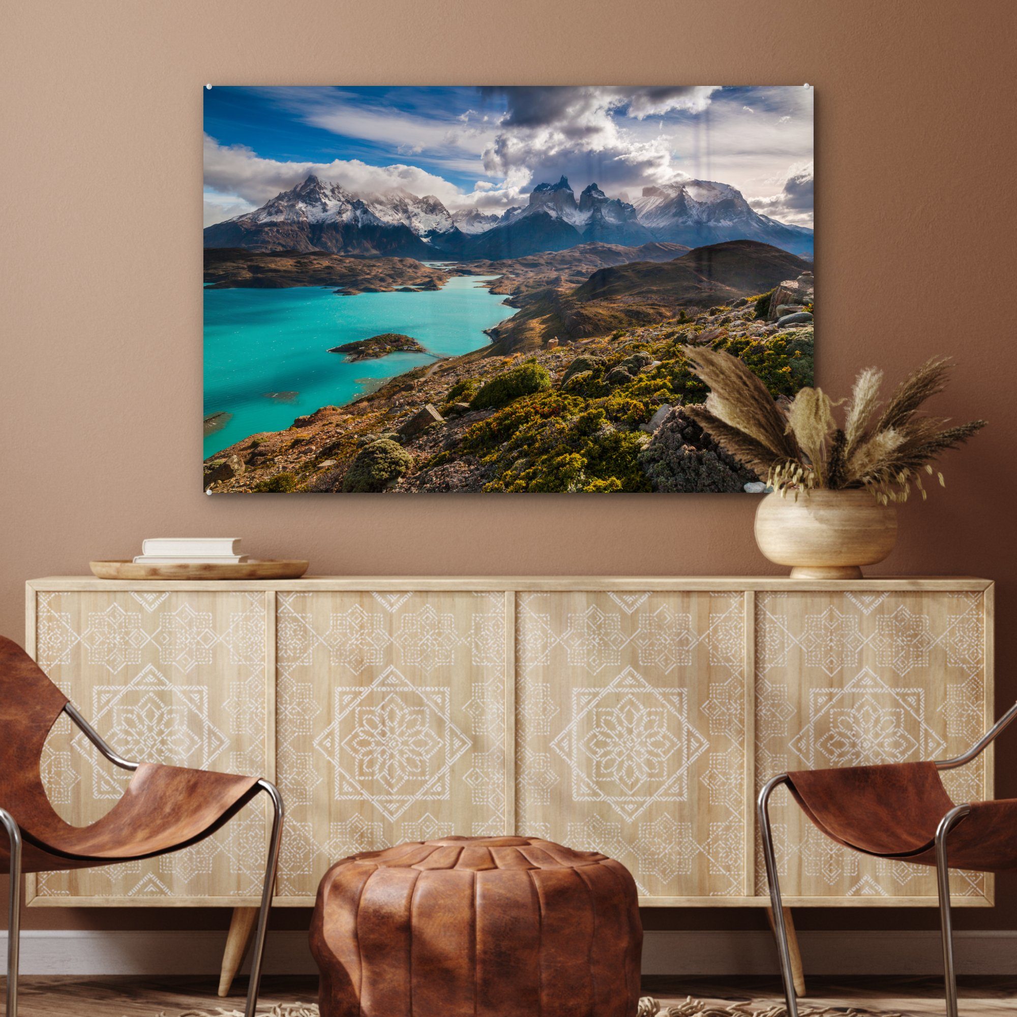 & auf und Acrylglasbild den MuchoWow St), Acrylglasbilder die des Blick (1 Wohnzimmer Patagonien, See Schlafzimmer Nationalparks Berge
