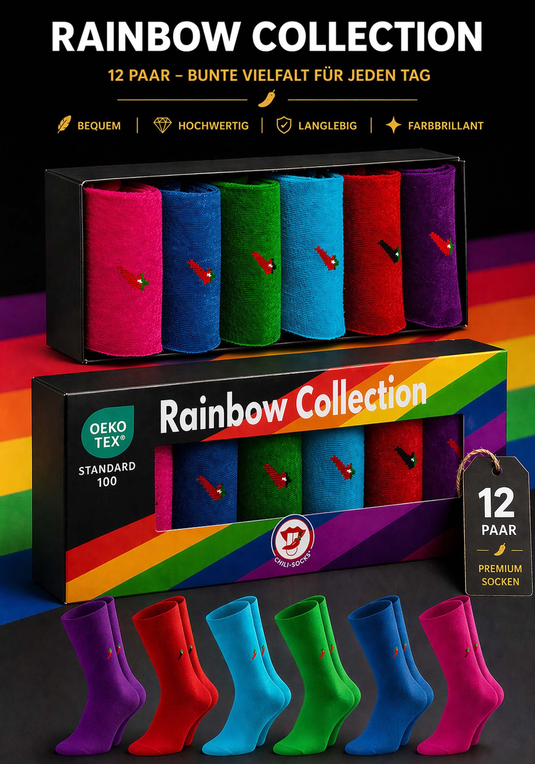 Chili Lifestyle Freizeitsocken LIMITED EDITION Rainbow Bunte Socken - Eyecatcher Farben aus Baumwolle (Multipack, 12-Paar, 6 Farben - Baumwollsocken) Weichbund ohne Gummidruck für Damen und Herren - Exklusive Geschenkbox