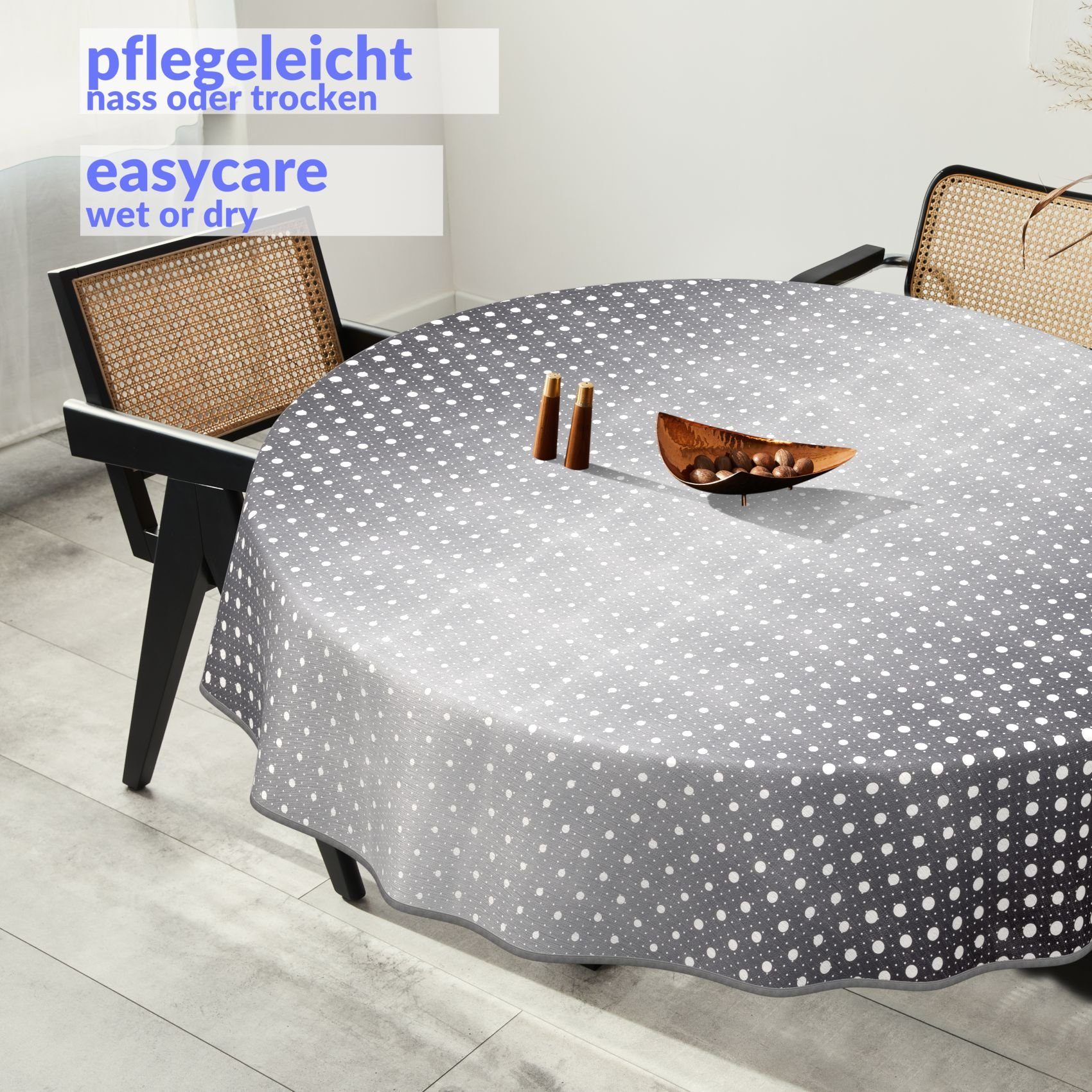 ANRO Tischdecke Wachstuchtischdecke Punkte Schwarz abwaschbar, geprägt, Paspelband