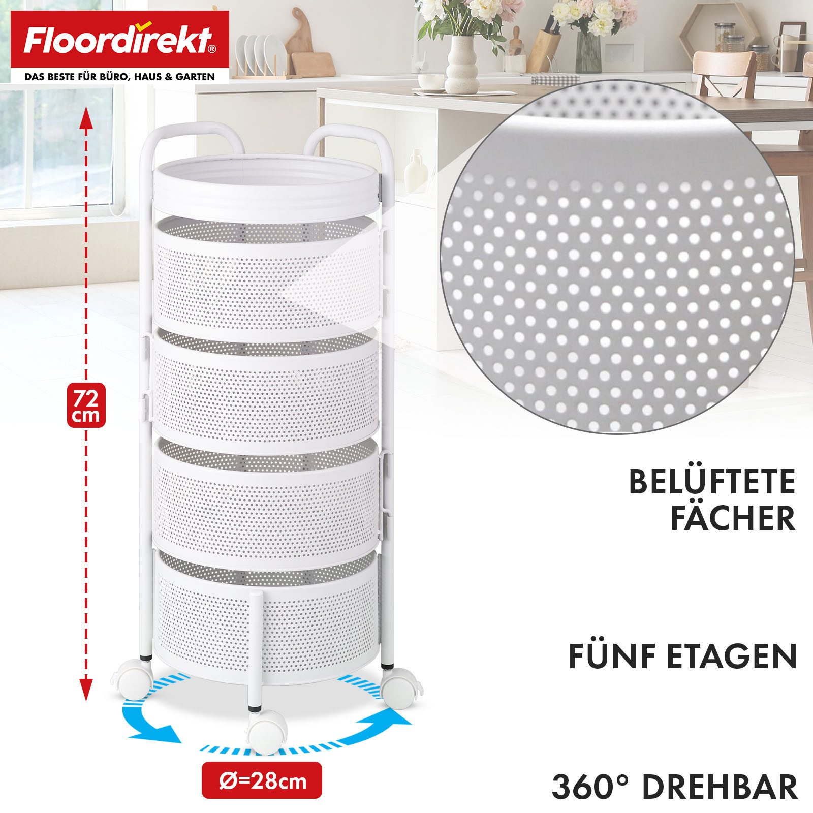 Floordirekt Rollwagen Henry rostfreier Stahl weiß & Schwarz, 3 oder 5 Etagen mit Körben, für Vorräte, Badutensilien oder Bürobedarf, Rollen mit Feststellbremse – Bild 2 von 5