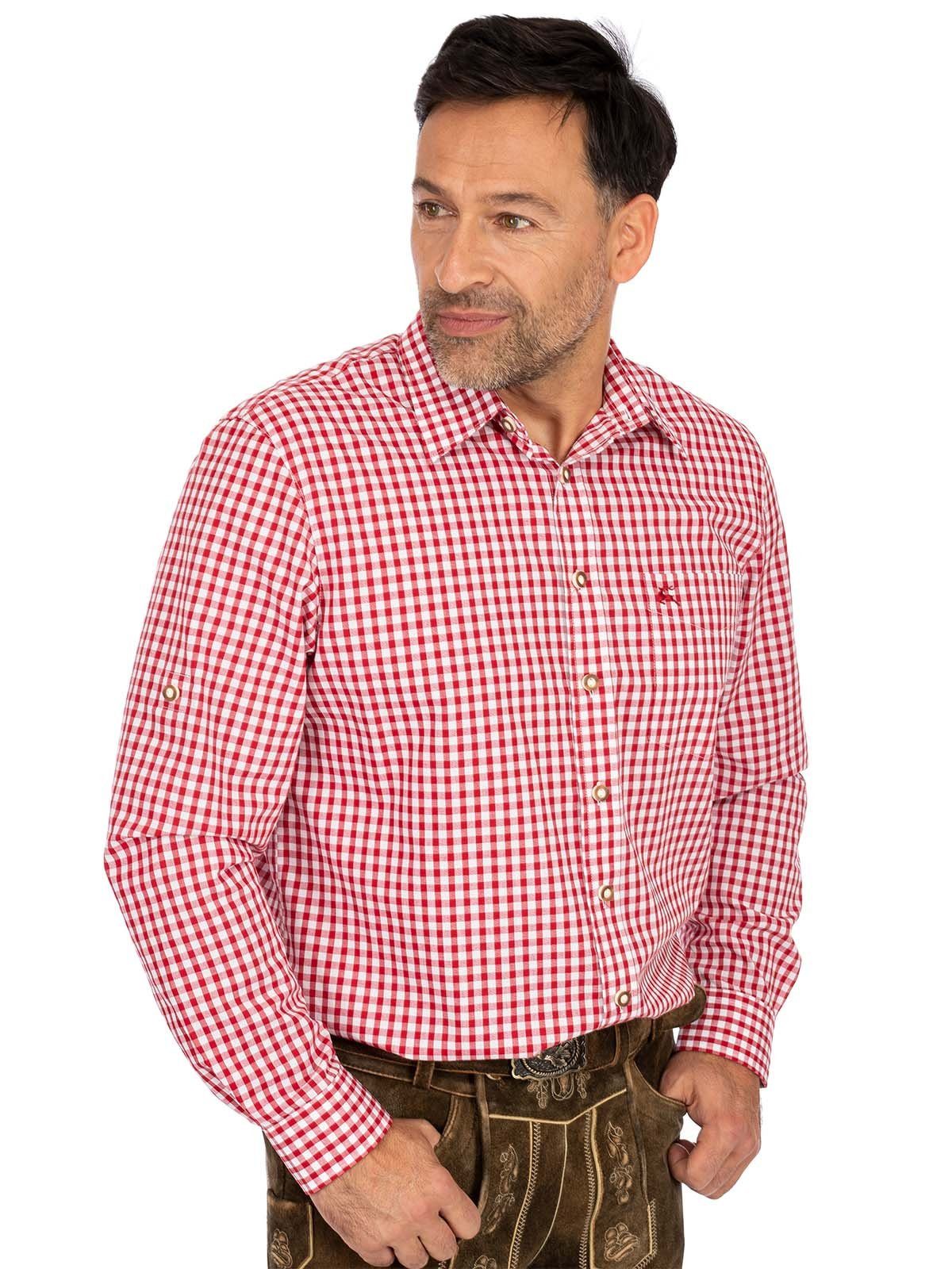 OS-Trachten Trachtenhemd Karo rot BASIC Langarmhemd (Regular Fit)