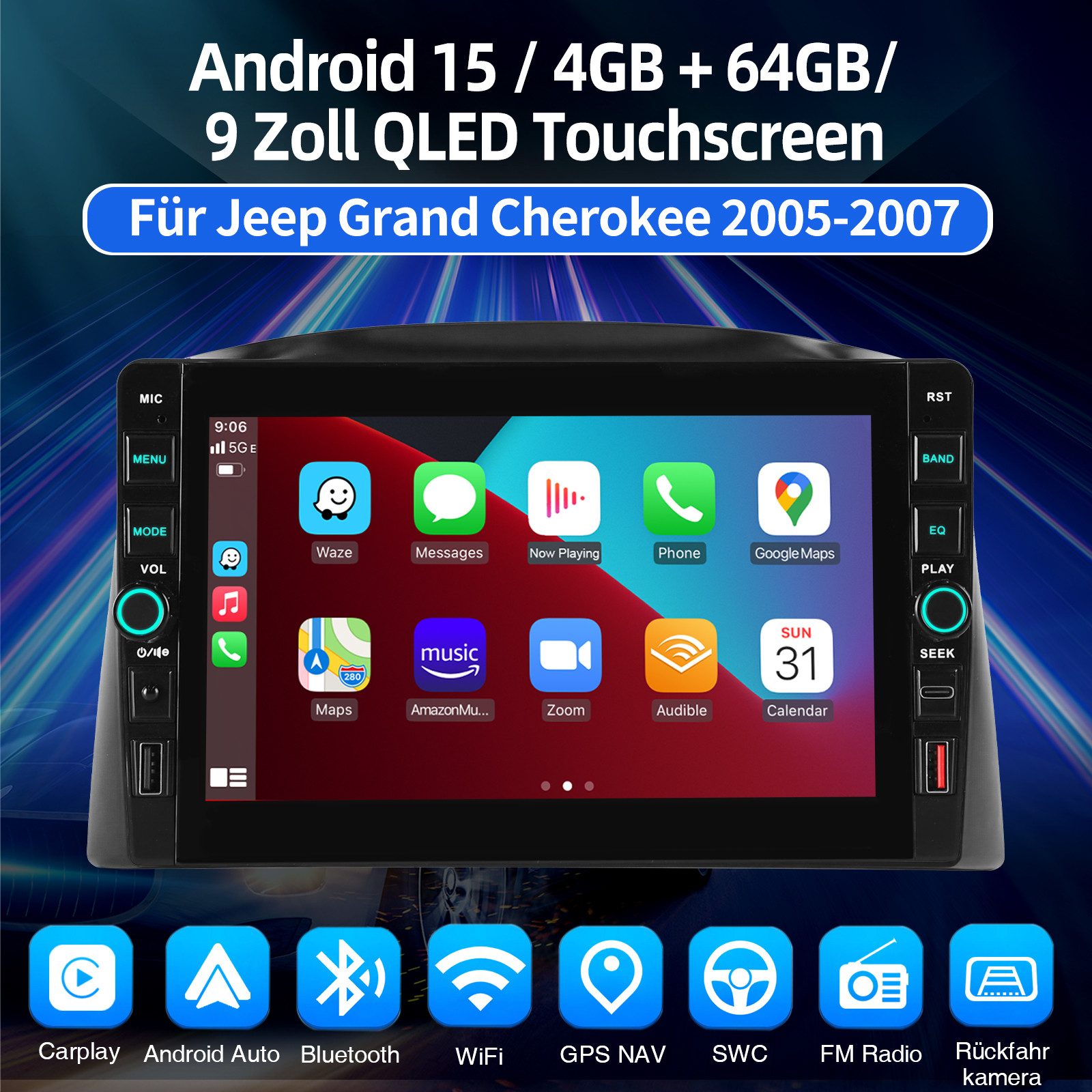 ESSGOO Carplay 4+64G Android15 Autoradio GPS BT Für Jeep Grand Cherokee WH/WK Autoradio (RDS, 4+64GB(optional), Type-C, Digitalradio (DAB), USB, FM, Apple Carplay Android Auto GPS Navi WIFI BT EQ USB- und Type-C)