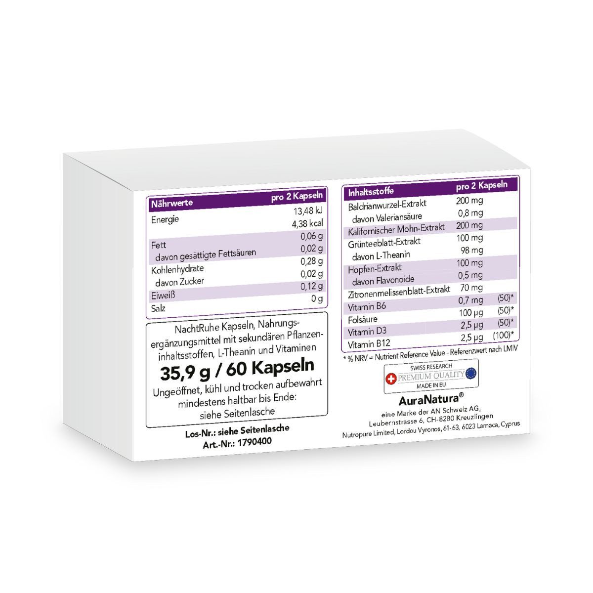 Aura Natura AuraNatura NachtRuhe - Mit Baldrian, B6, B12 & Vitamin D3 Kapsel, 1 er 60 St., Für die Abendroutine & innere Ruhe