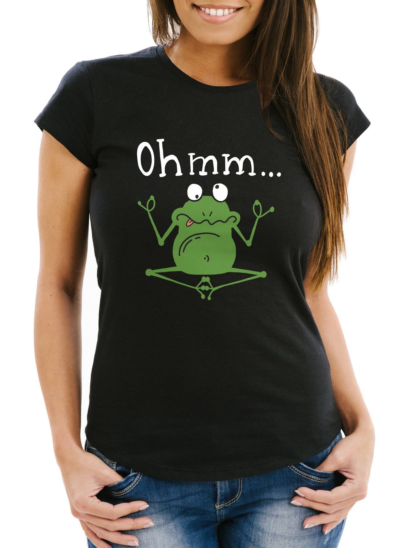 Print-Shirt Damen T-Shirt Frosch Yoga Ohmm Parodie Ironie Fun-Shirt Bedruckt