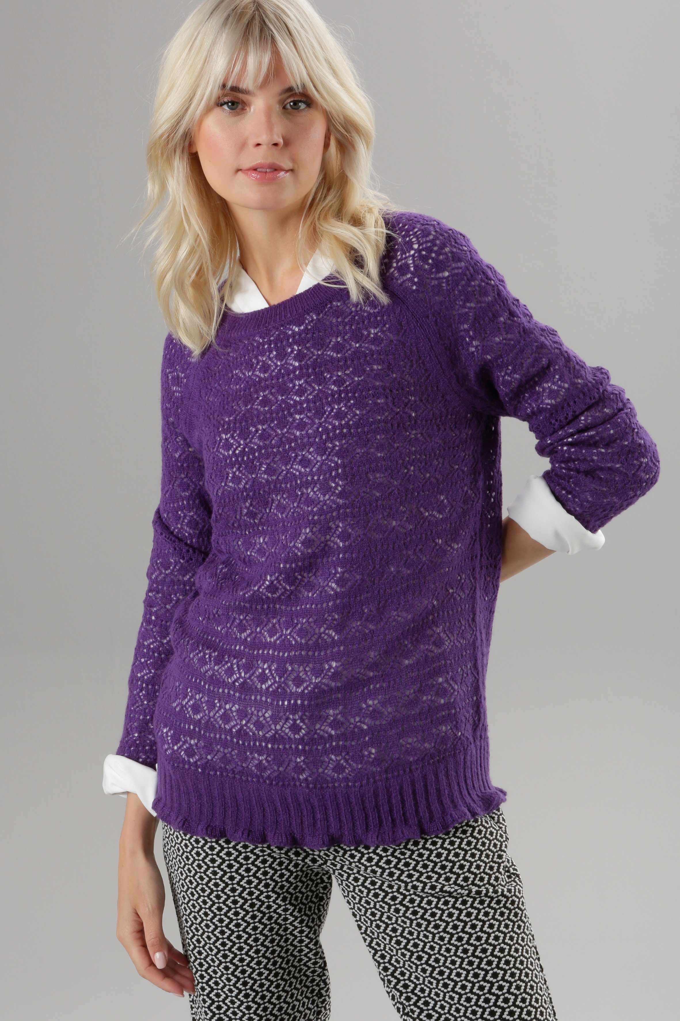 Aniston mit und Ajourstrickmuster Saumabschlüssen SELECTED Strickpullover gewellten