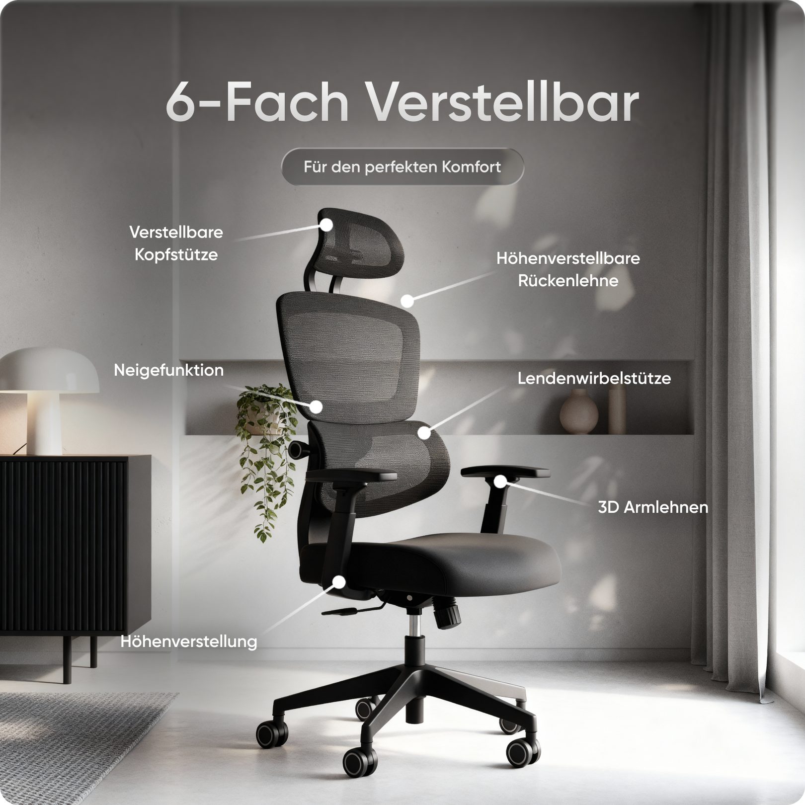 DESKSPACE Bürostuhl Move Ergonomischer Bürostuhl 3-stufige Neigung Schreibtischstuhl 150kg, Intelligente Lordosenstütze zur automatischen Rückenunterstützung
