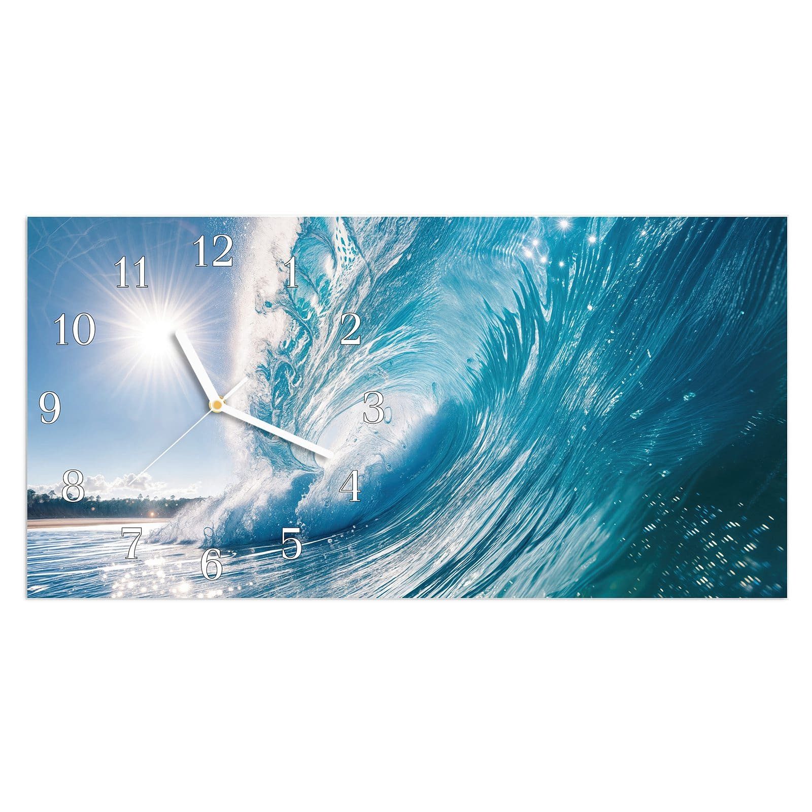 Wanduhr Glasuhr Wandkunst Größe 60 x 30 cm mit Motiv Riesige Welle Strand