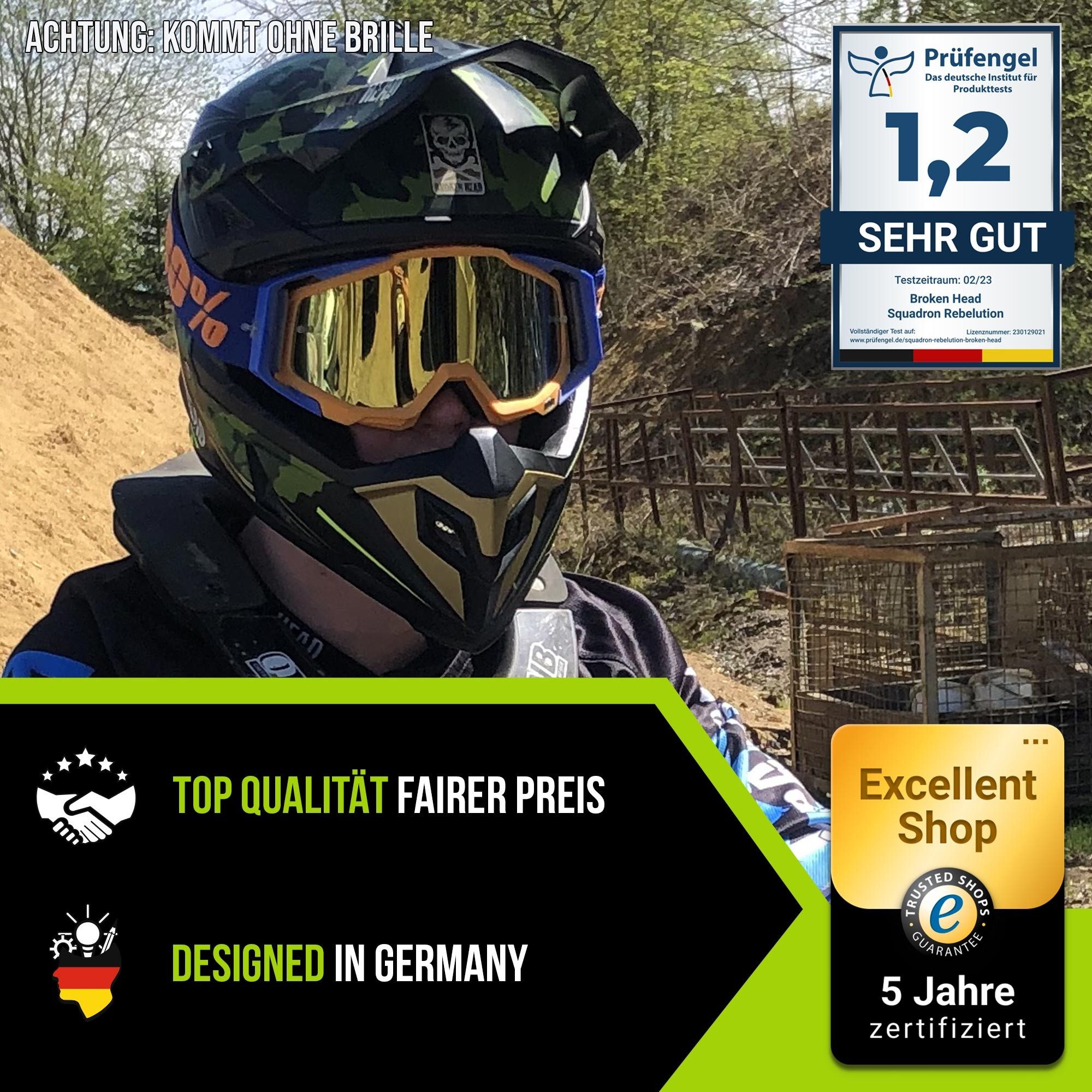 Broken Head Motocrosshelm Squadron Rebelution Camouflage-Grün-Gold, Zwei Verschlüsse