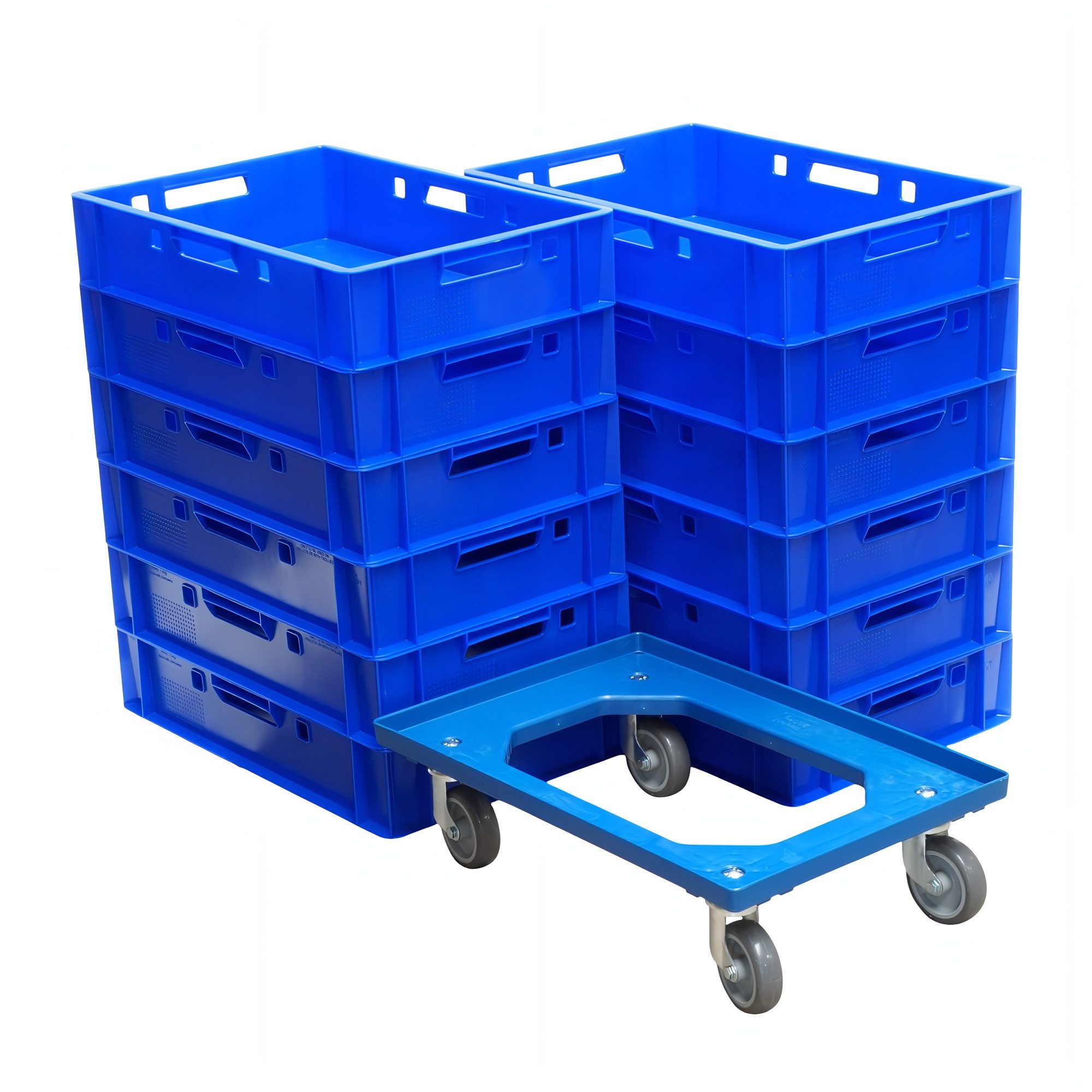 Logiplast Transportbehälter 12 Stück E1-Kasten blau + 1 Transportroller Typ C blau