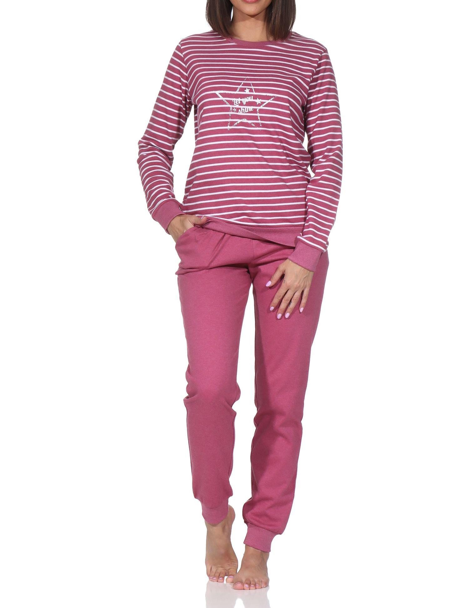 Normann Pyjama Kuscheliger Damen Schlafanzug lang mit Bündchen und Stern Motiv