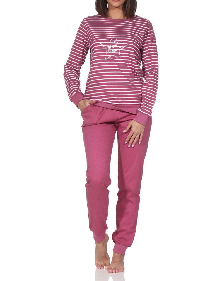Normann Pyjama Kuscheliger Damen Schlafanzug lang mit Bündchen und Stern Motiv