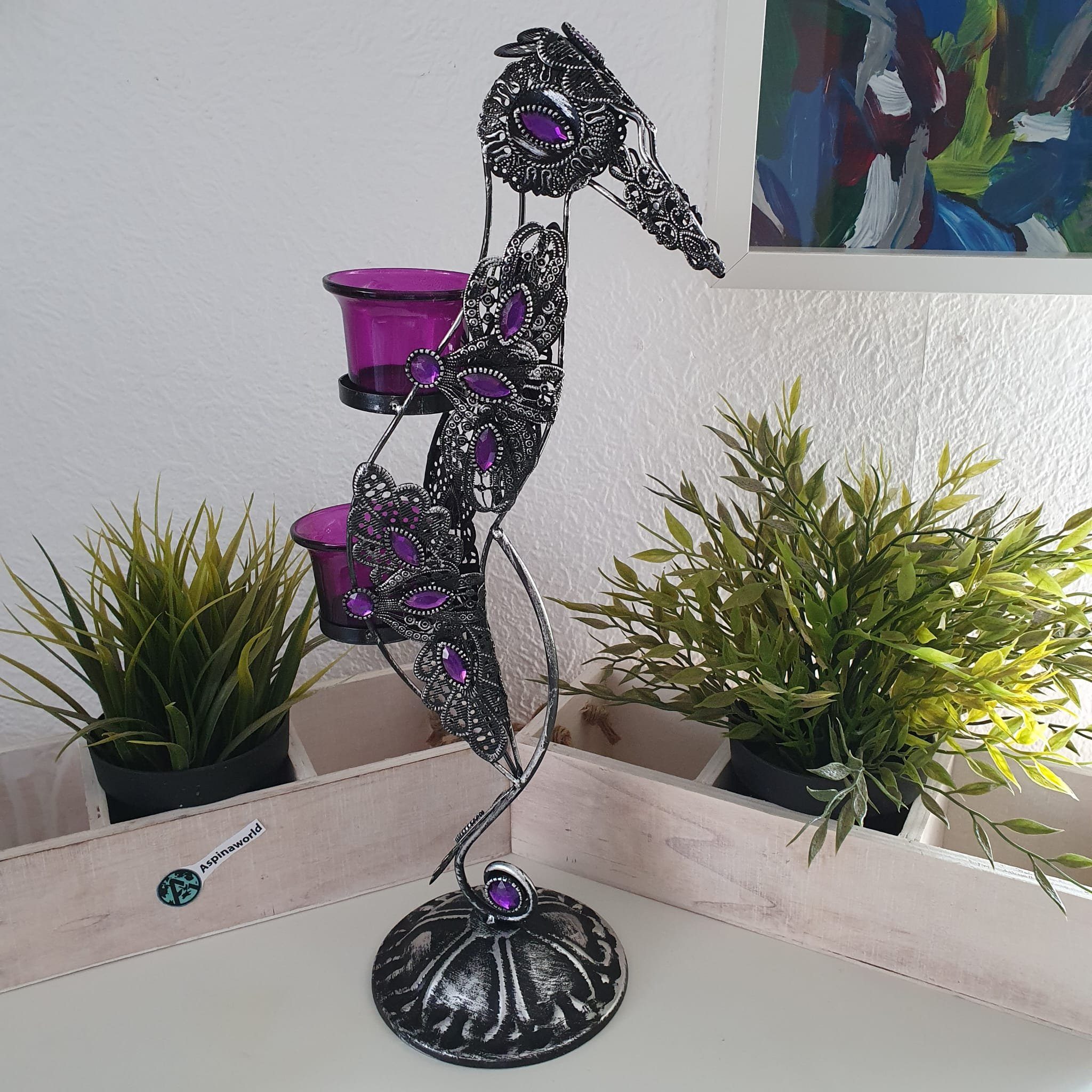 Aspinaworld Teelichthalter Metall Teelichthalter Vogelform für 2 Teelichter 40 cm lila