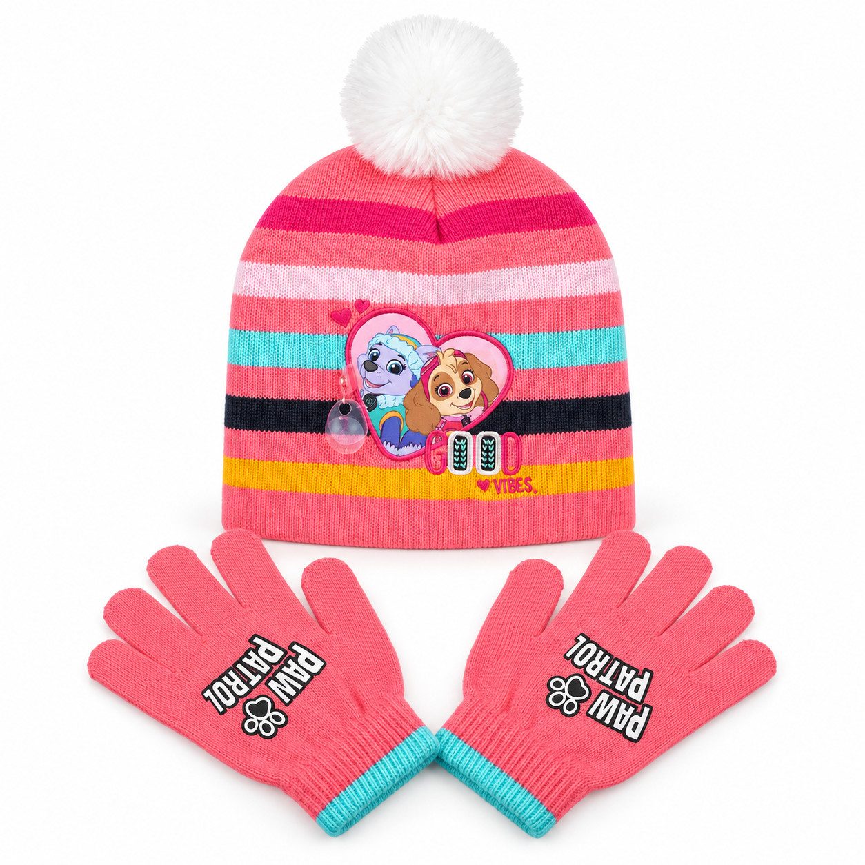 PAW PATROL Bommelmütze Paw Patrol Skye Everest Kinder Wintermütze plus Handschuhe Gr. 52 bis 54 Rosa Blau
