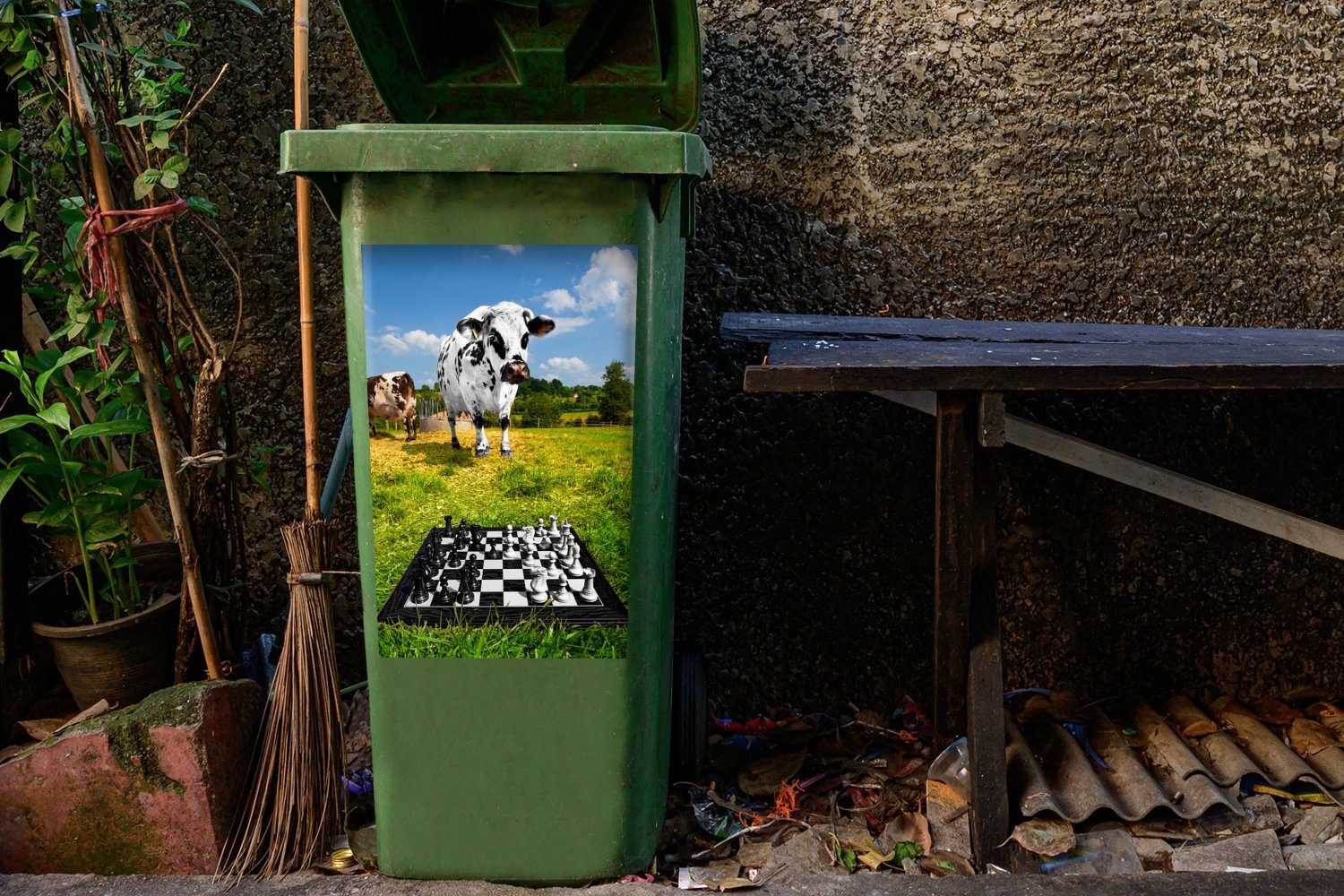 Partie Abfalbehälter Eine Mülltonne, Sticker, (1 der St), Wiese Mülleimer-aufkleber, MuchoWow Wandsticker Schach Container, auf