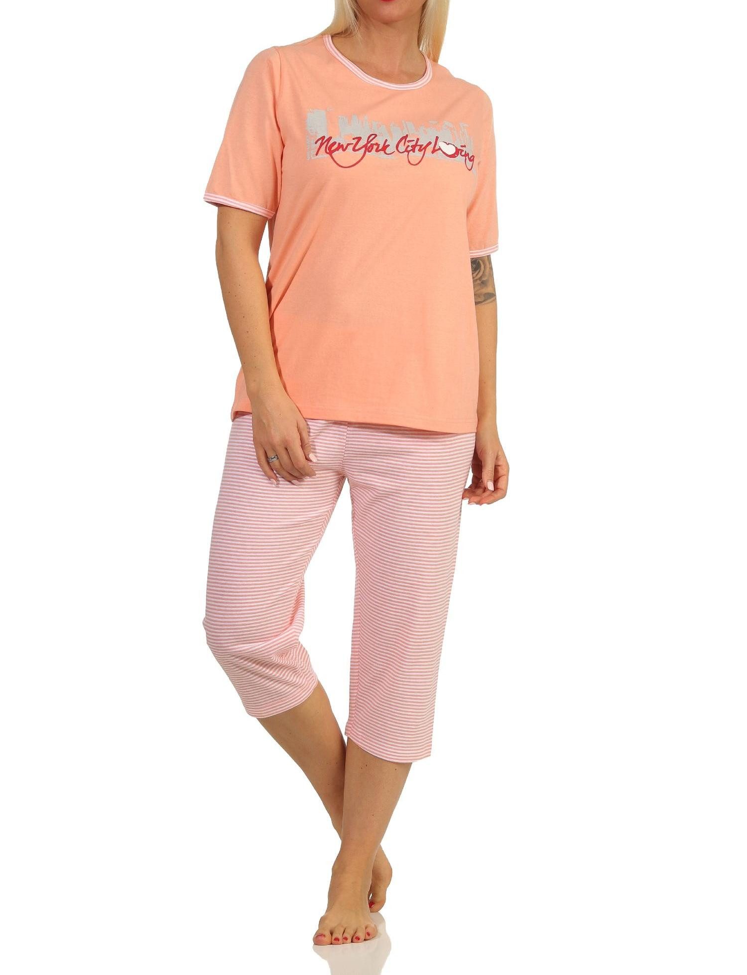 Normann Pyjama Damen Capri-Schlafanzug mit 3/4-Hose + Frontprint