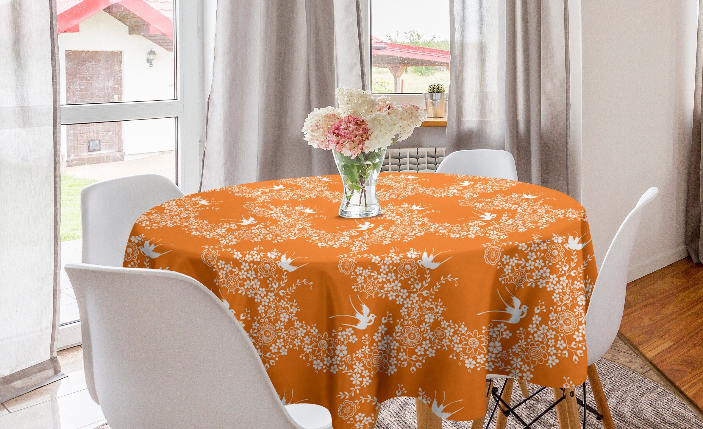 Abakuhaus Tischdecke Kreis Tischdecke Abdeckung für Esszimmer Küche Dekoration, Orange Japanische Baum-Vogel-Kunst