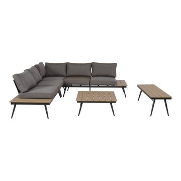 GMD Living Eckbankgruppe AREZZO, (Eckbank Loungeset, 5-tlg., bestehend aus 2 Sofas, 1 Eckteil, 1 Tisch & 1 Bank inkl. Polsterkissen), Tischplatte im Teaklook, Wetterfest