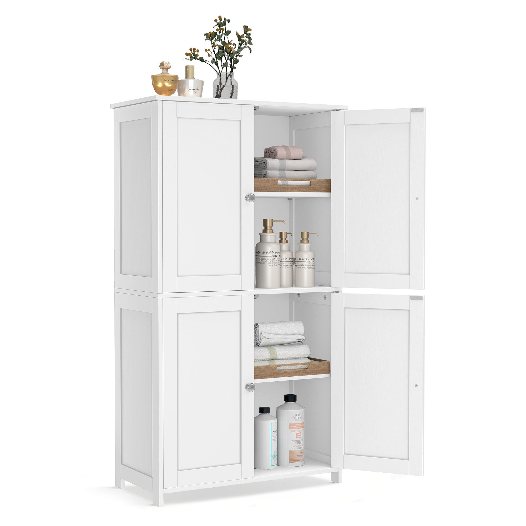 VASAGLE Badkommode Badezimmerschrank, Schrank für Badezimmer, Hochschrank, für Küche, Badschrank im Shaker-Stil, mit 2 verstellbaren Ablagen, 4 Türen