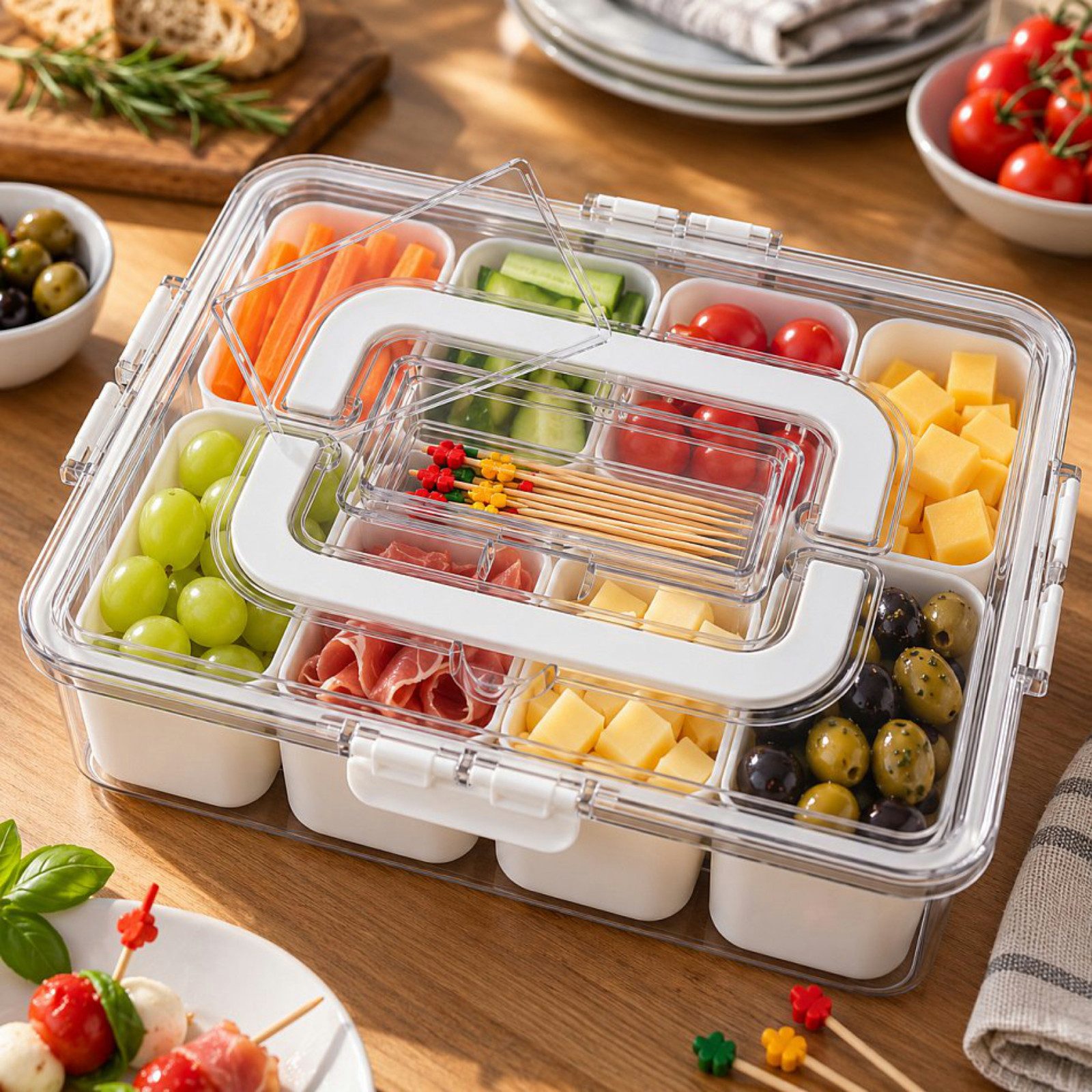 Haushalt International Im- und Export GmbH Frischhaltedose Snackbehälter Snackbox mit 8 Schälchen, Kunststoff, (Stück, 1-tlg., Packung), Transparent, Tragegriffe, 30x23x7cm, Luftdicht