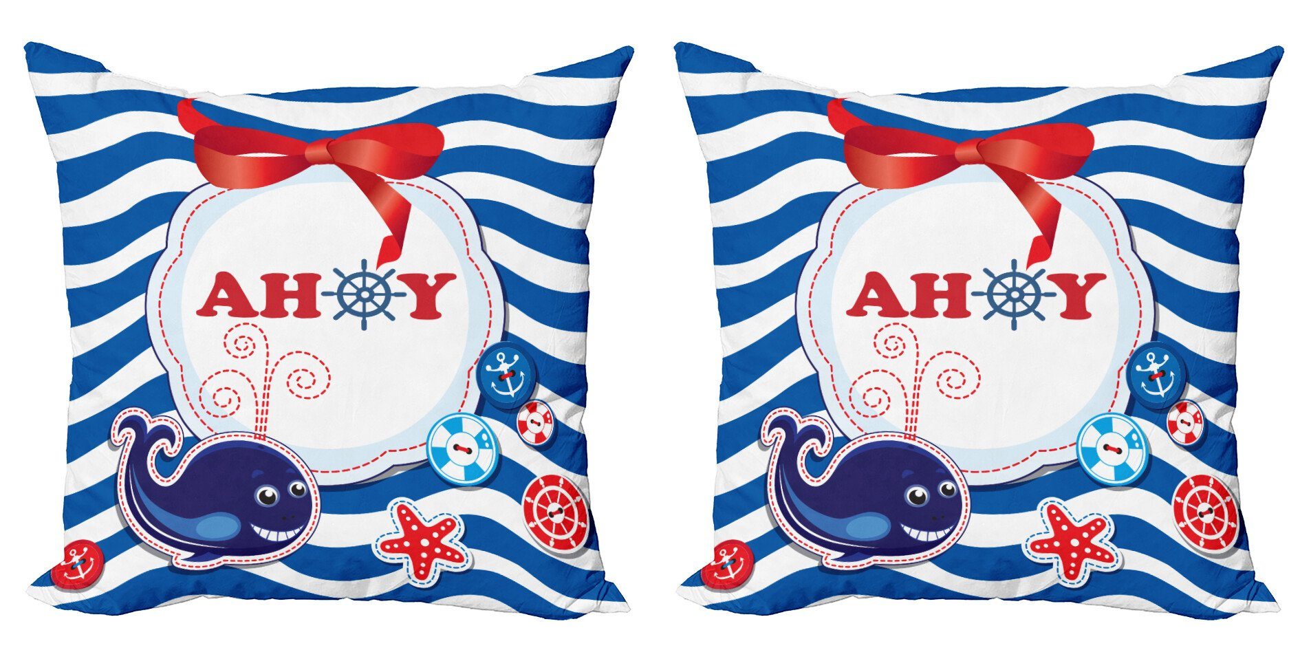 Kissenbezüge Modern Accent Doppelseitiger Digitaldruck, Abakuhaus (2 Stück), Kindergarten Marine Ahoy Cartoon-Wal