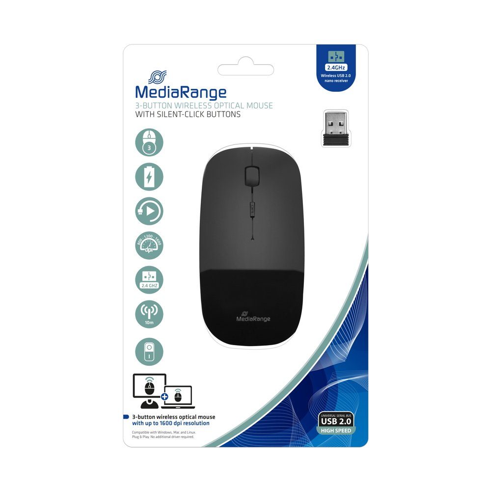 Mediarange Funk Maus optisch kabellos 3 Tasten 1600 dpi schwarz MROS215 Maus