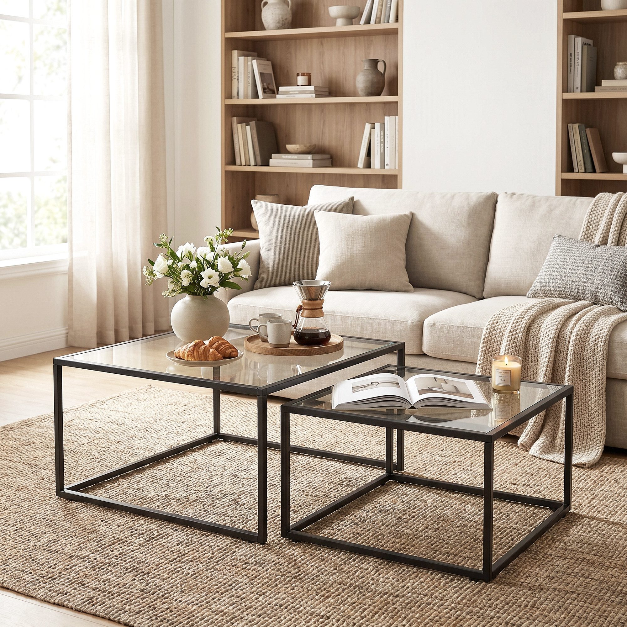 REDOM Couchtisch Runde Couchtische 2er Set Schwarz Glas Metall 75x75x42cm + 65x65x36cm (Packung, 2-St., Kaffeetisch Set, Beistelltisch, moderner Wohnbereich Tisch), Satztisch mit gehärteter Tischplatte für Wohnzimmer