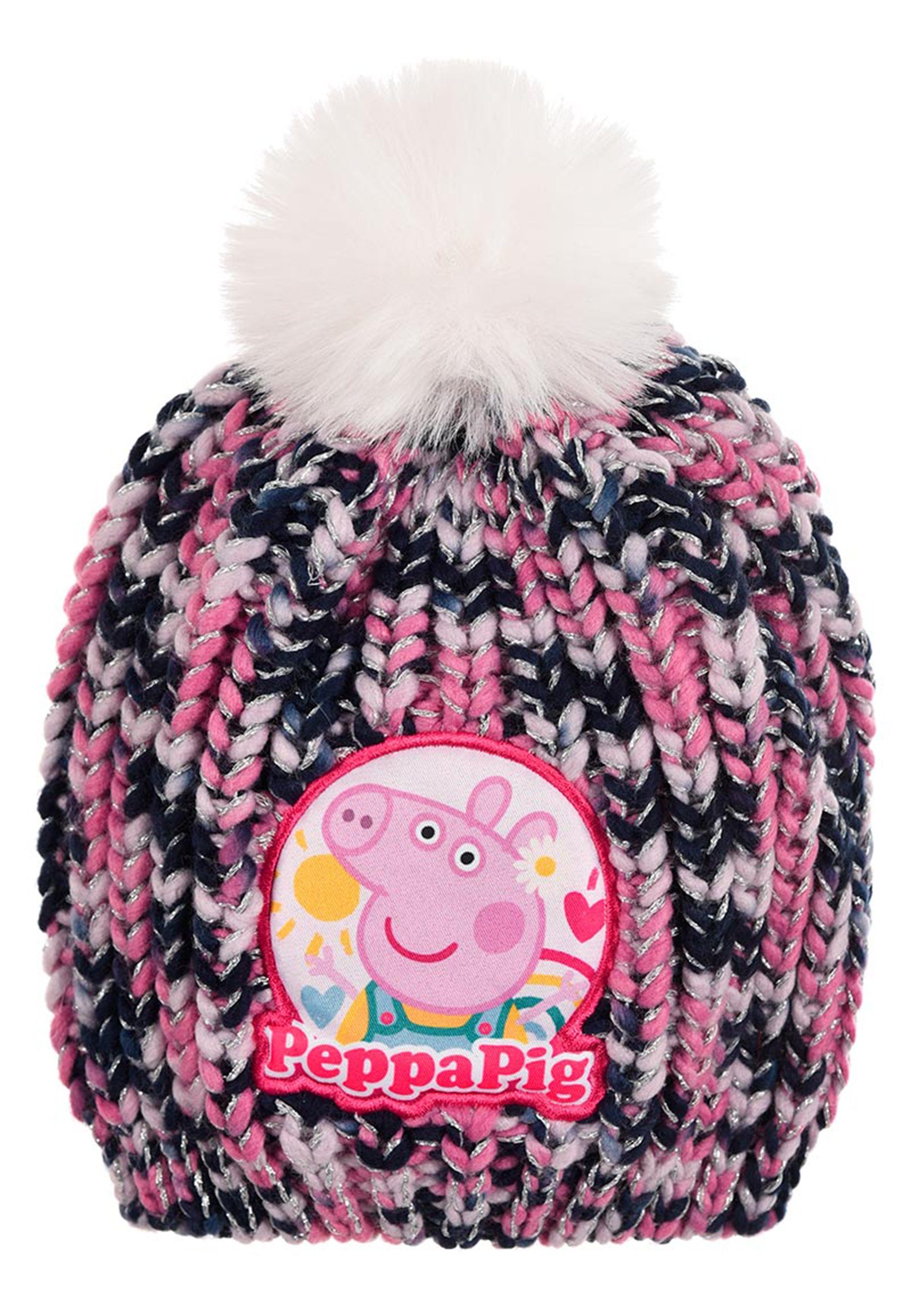 Kinder Strick-Mütze Pig Mädchen Kunstpelz Peppa Lila Bommelmütze mit Bommel Winter-Mütze