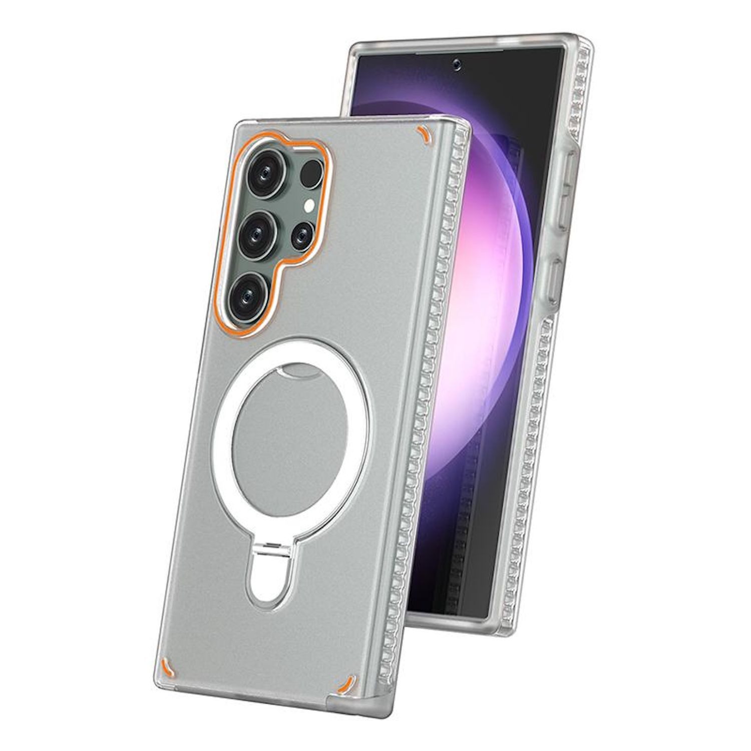 Wigento Handyhülle Für Samsung Galaxy S25 Ultra 5G MagSafe Ringhalter Hülle Transparent, MagSafe Hülle mit integriertem Ringhalter und Kickstand