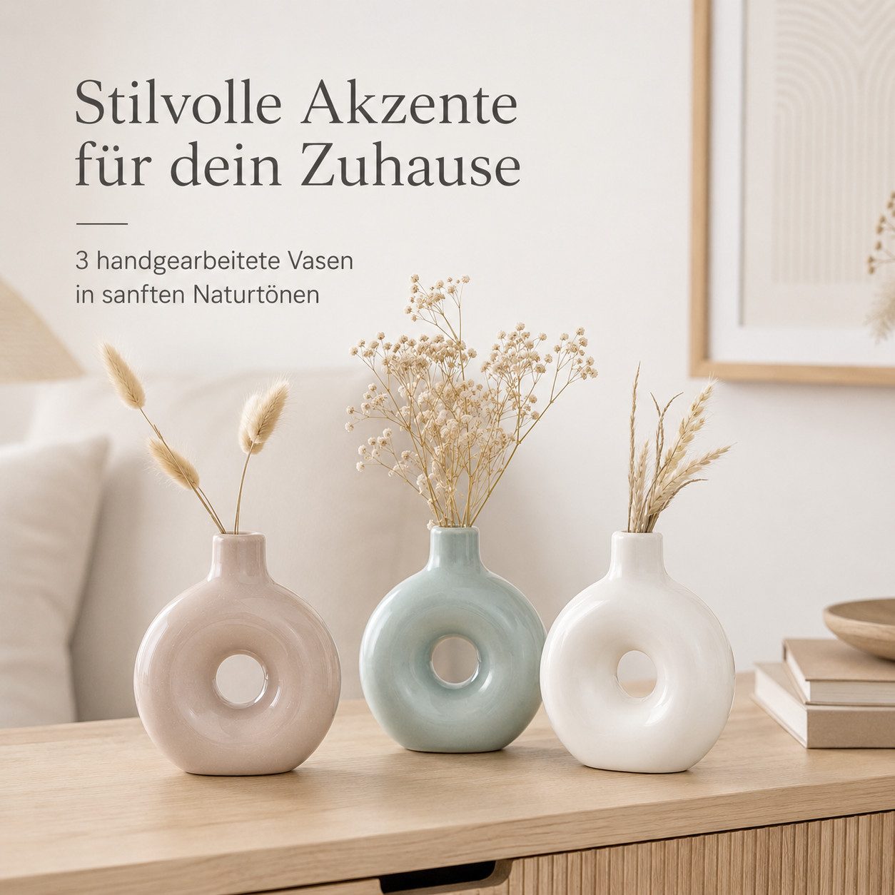 BOLTZE Dekovase Vase Lanyo 3er Set glasiertes Steingut Beige Grün Weiß (3er-SET)
