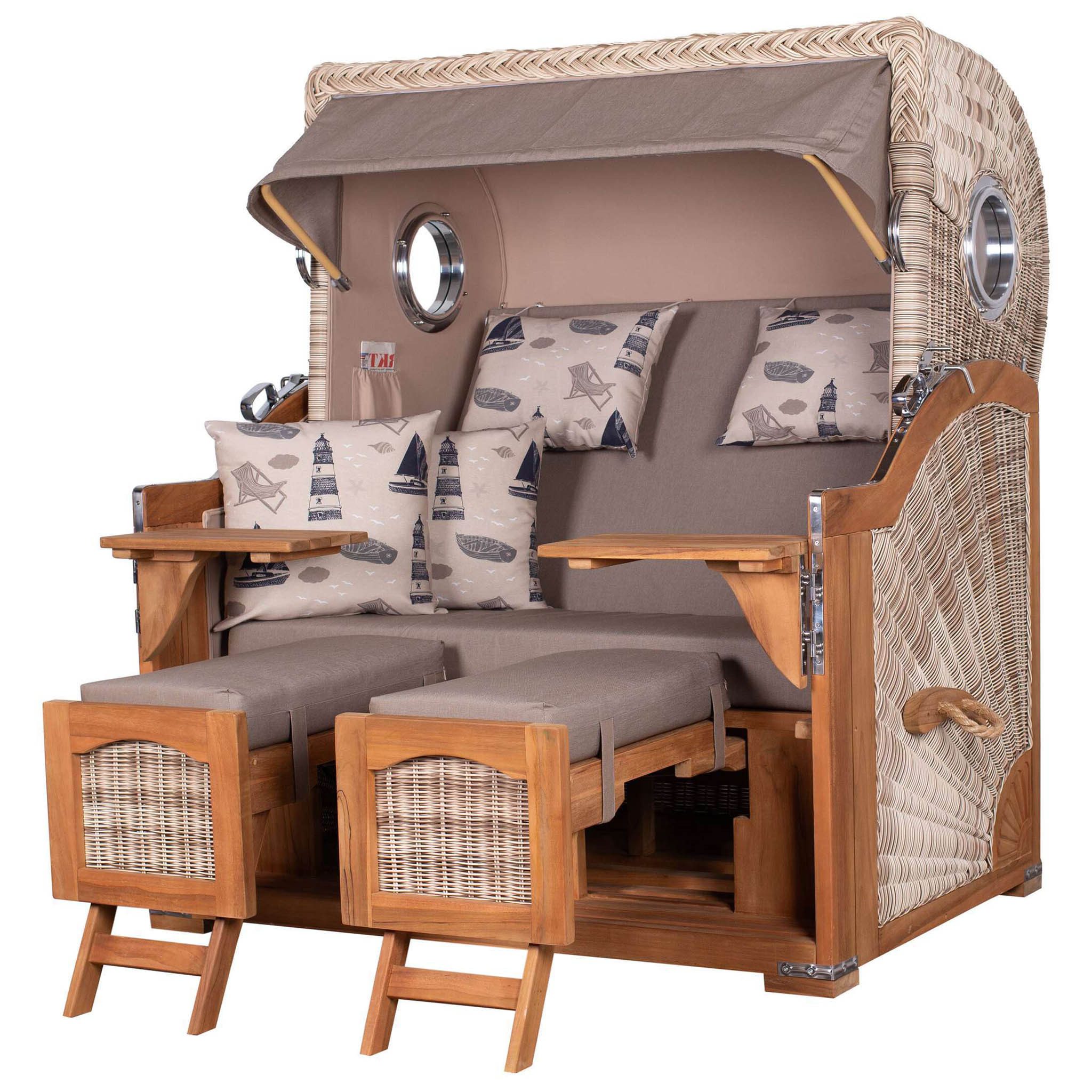 bene living Strandkorb Ammersee Grande XL 2,5-Sitzer Teak - PE shell - Modell 540, BxTxH: 142x95x165 cm, Volllieger, Ostsee-Strandkorb, (Strandkorb-Komplettset, 5-tlg., Strandkorb inkl. Liftersystem und umfangreichem Zubehör), mit Windschutzfolie, Bistrotischen und bequemer Polsterung
