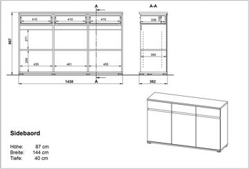 möbelando Sideboard 401 (BxHxT: 144x88x40 cm), in braun, hellbraun mit 3 Schubladen und 3 Türen