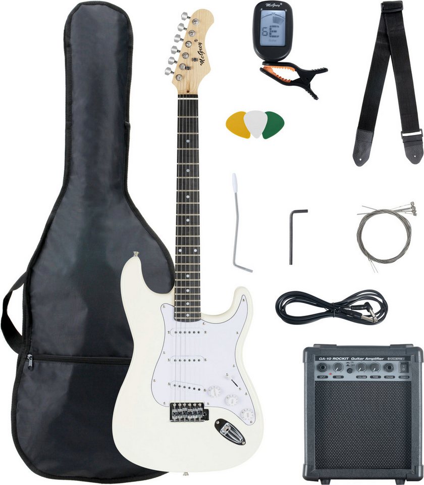 McGrey E-Gitarre Rockit elektrische Gitarre, ST-Style, Komplettset 4/4, 8-St., inkl. Verstärker, Tasche, Stimmgerät, Plektren, Gurt und Kabel, 10 Watt (RMS) Gitarrenverstärker inklusive!