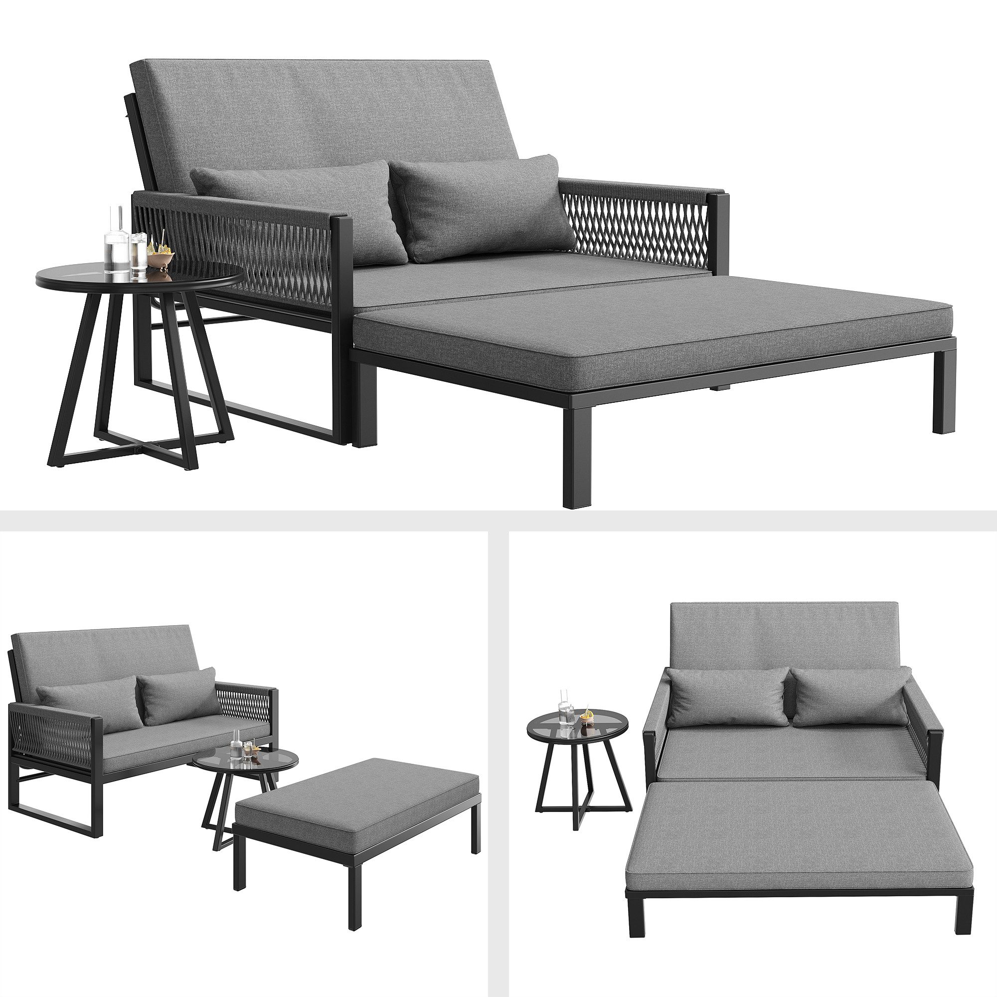 i@home Gartenlounge-Set 2-in-1 Sofa-Bett mit verstellbarer Rückenlehne & Fußhocker, Grau, (Modernes Outdoor-Sofa mit Glastisch, 3-tlg), für Garten, Terrasse & Pool