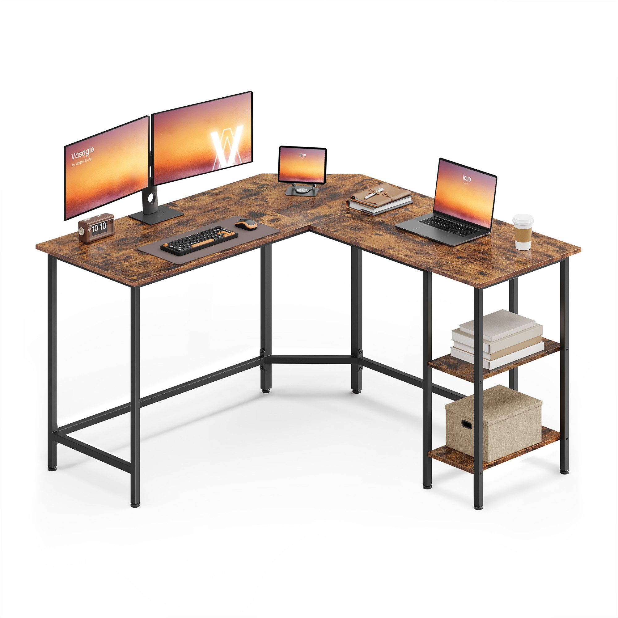 VASAGLE Schreibtisch L-förmiger Computertisch, Eckschreibtisch, Gaming, Homeoffice, 130 x 130 x 76 cm, mit 2 Ablagen, platzsparender, einfacher Aufbau