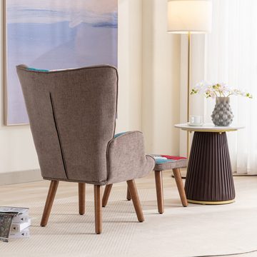 IDEASY Sessel Liegestuhl mit Hocker, Leinenstuhl, Beine aus Massivholz, (Loungesessel mit Hocker), braun, hochelastische Schwammfüllung