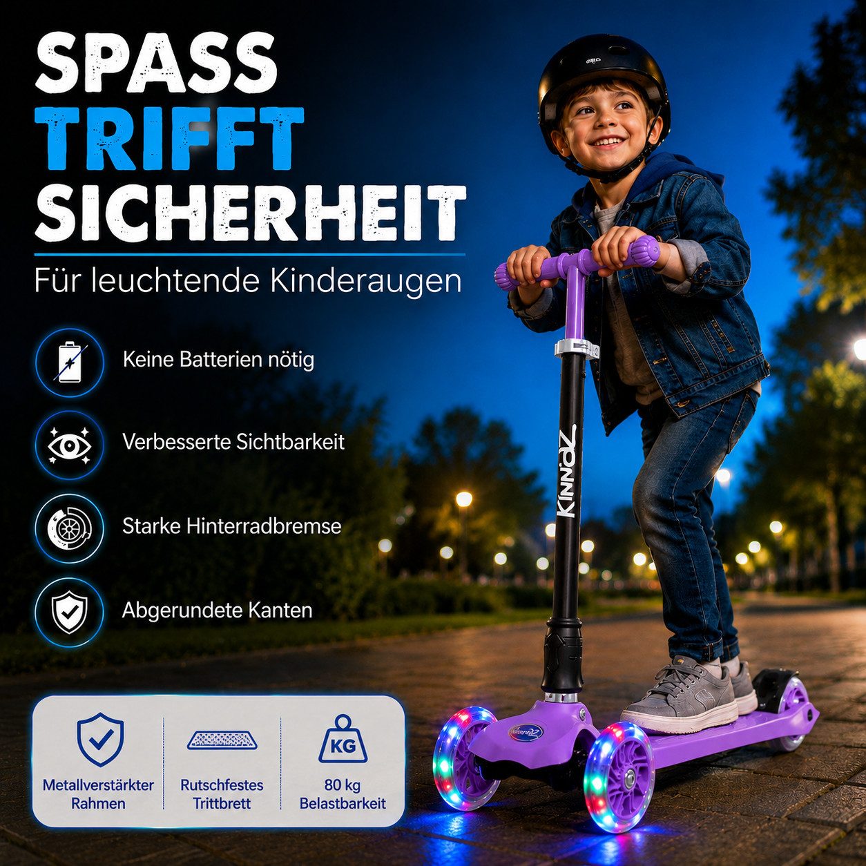 KINNAZ Dreiradscooter ab 5 Jahre, LED Räder, Höhe flexibel, faltbar, Roller Scooter Garantie, (Kinderroller, Kinnaz Two), faltbar, höhenverstellbar, LED Räder, Ersatzteilservice, aus Hamburg