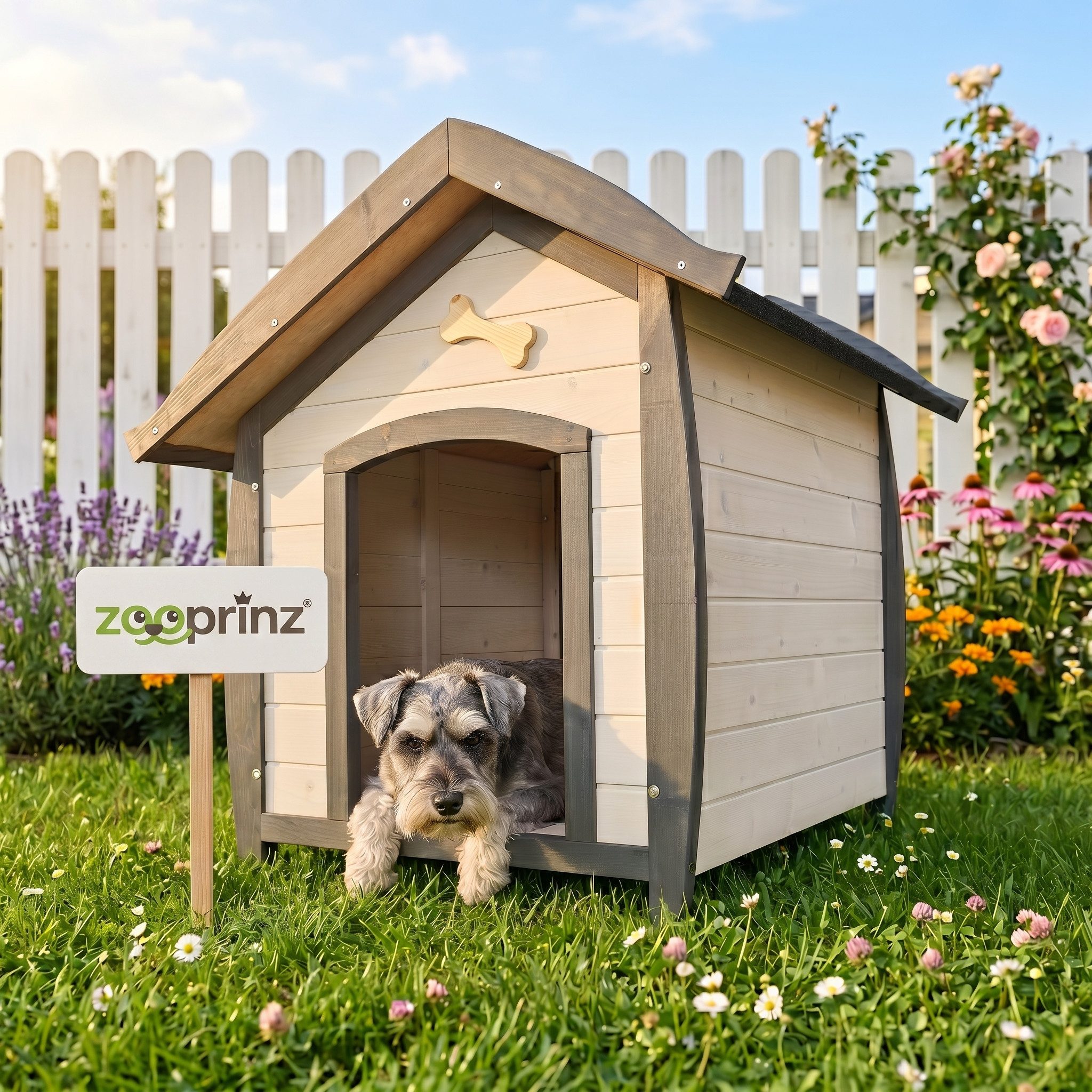 Zooprinz Hundehütte Bella mit dekorativem Hundeknochen, Bitumendach, Lasiertes Kiefernholz, für kleine Hunde