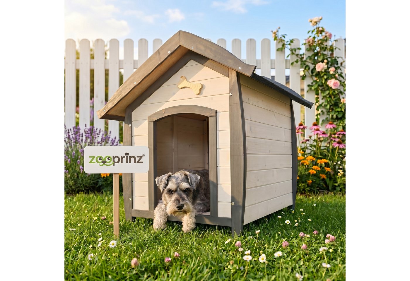 Zooprinz Hundehütte Bella mit dekorativem Hundeknochen, Bitumendach, Lasiertes Kiefernholz, für kleine Hunde