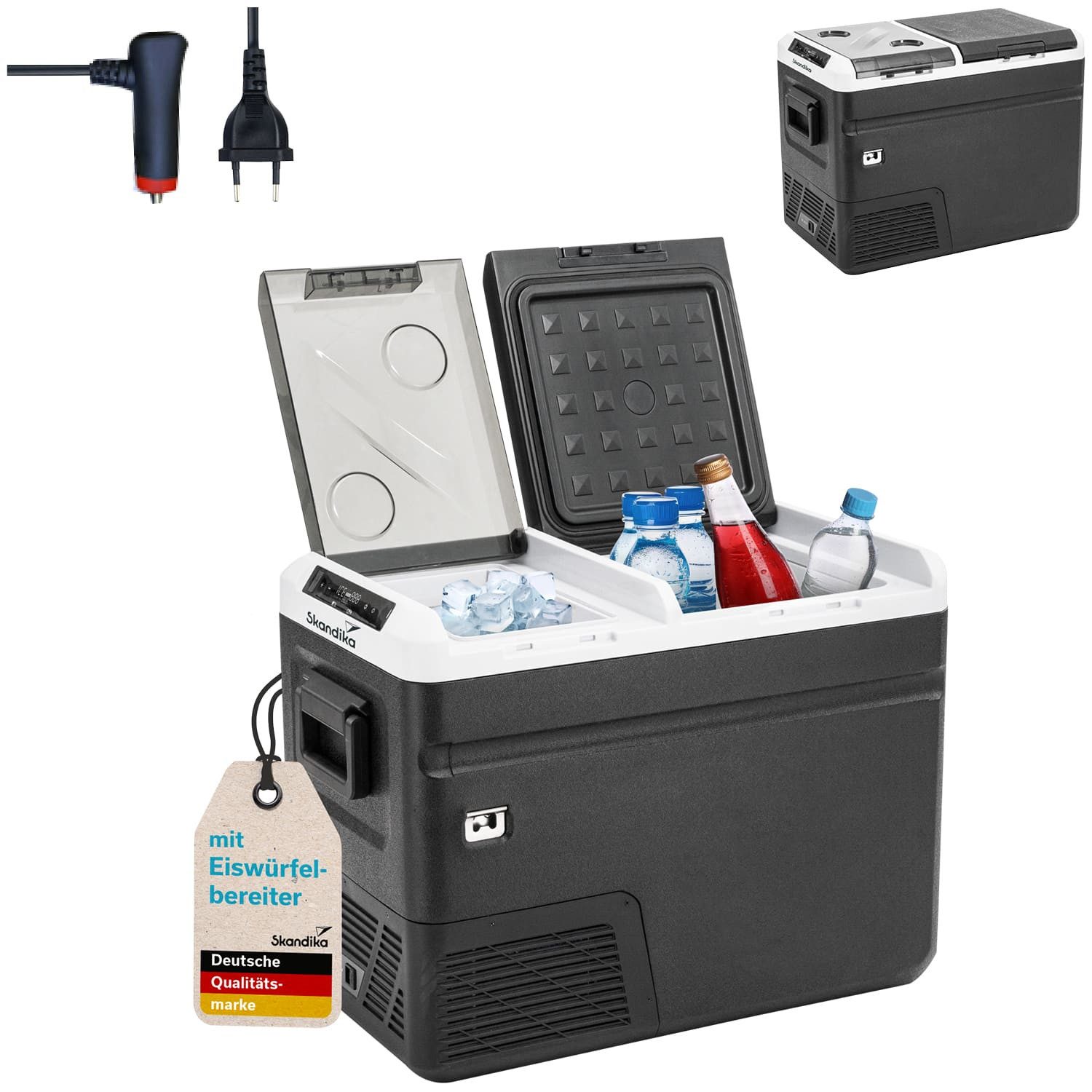Skandika Elektrische Kühlbox Gefrierbox Routa mit Eiswürfelbereiter, Elektrisch, USB-Ladeanschluss, mit Trennwand, mit Stromanschluss für die Steckdose oder das Auto