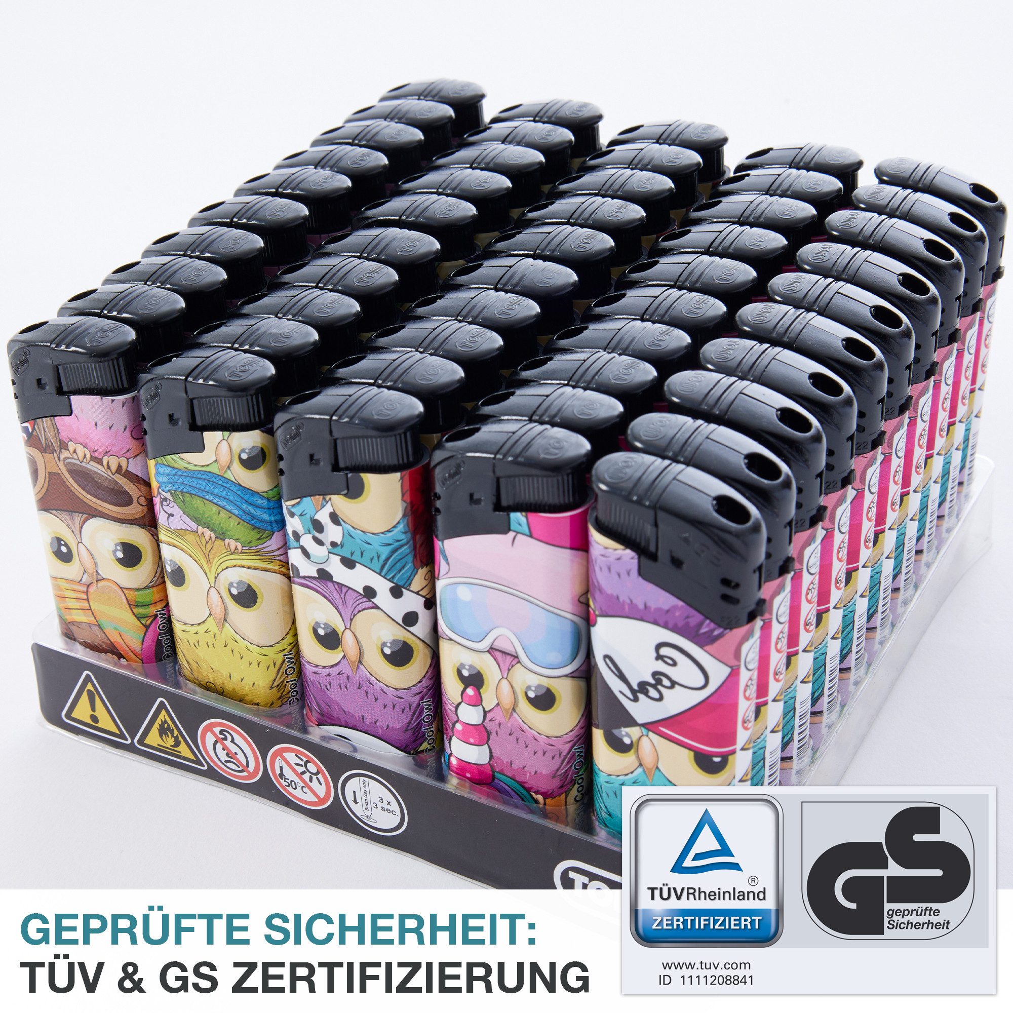 TOM Feuerzeuge 50er Display mit 5 Farben im Eulen-Design, nachfüllbar (50-St), Soft-Flamme, Elektronischer Zünder