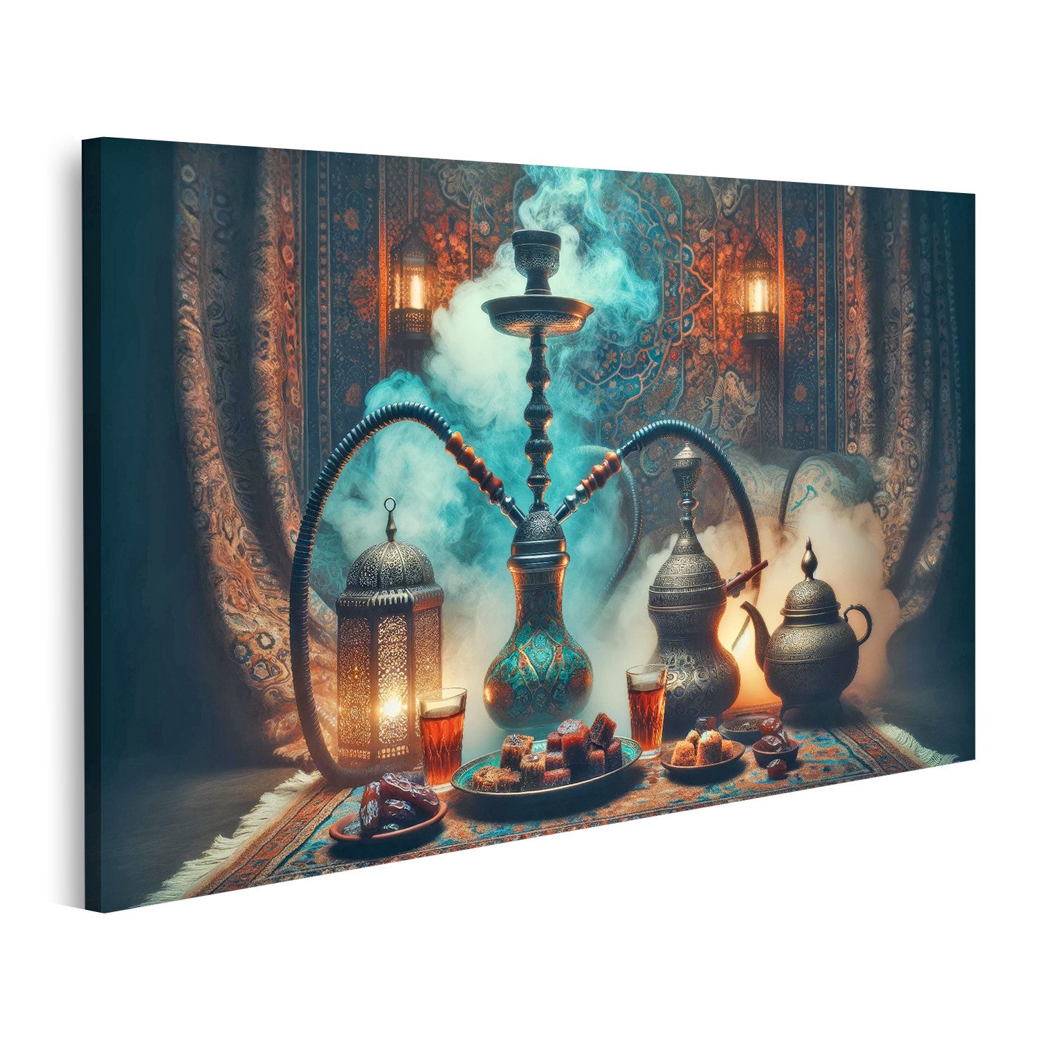 Leinwandbild Orientalische Wasserpfeife mit Tee und Gebäck für Shisha Lounge Bar
