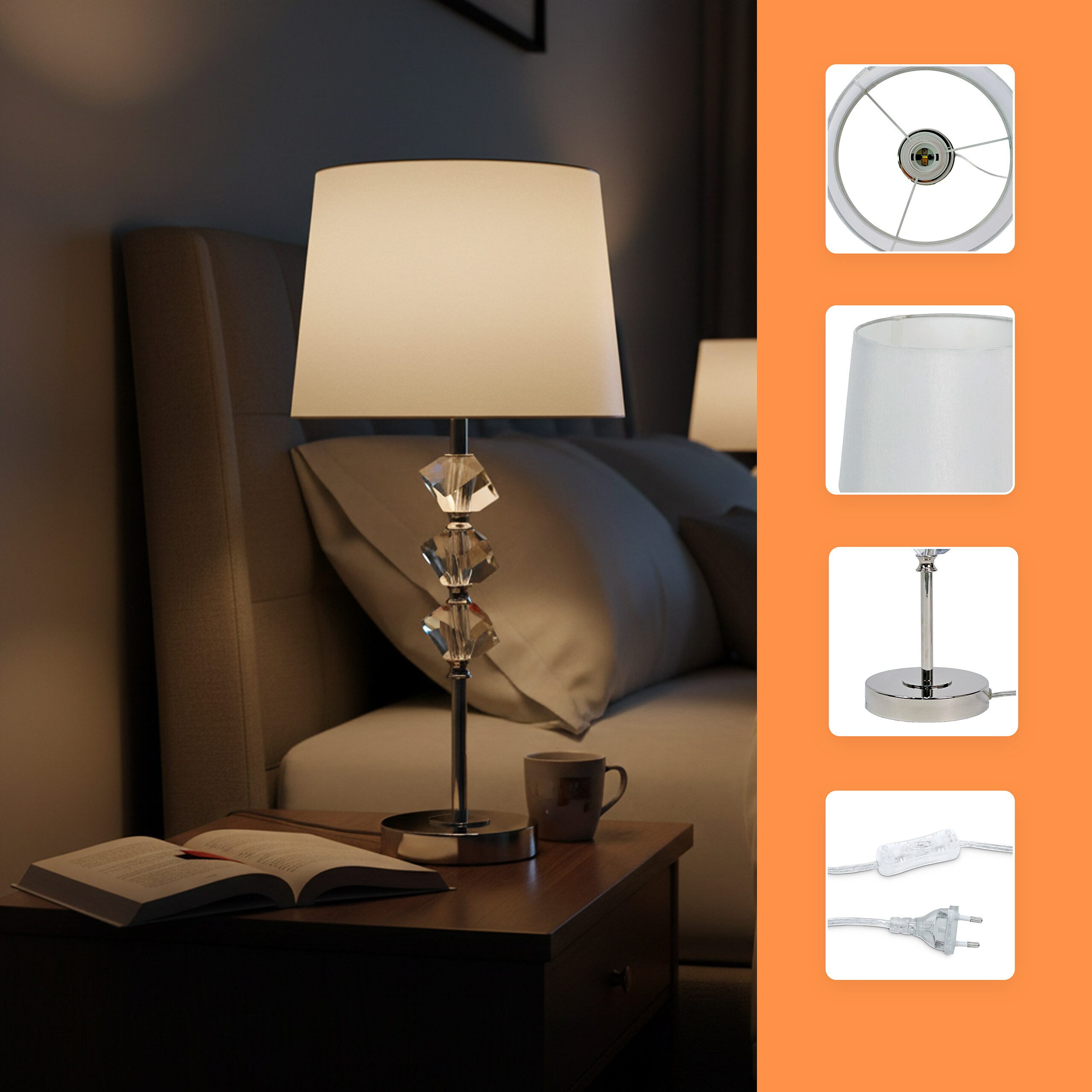 relaxdays Tischleuchte Tischlampe mit Kristall & Seidenschirm, ohne Leuchtmittel, Leuchtmittel nicht enthalten, E27-Fassung, Maximale Leistung 60 W, Creme – Bild 5 von 5