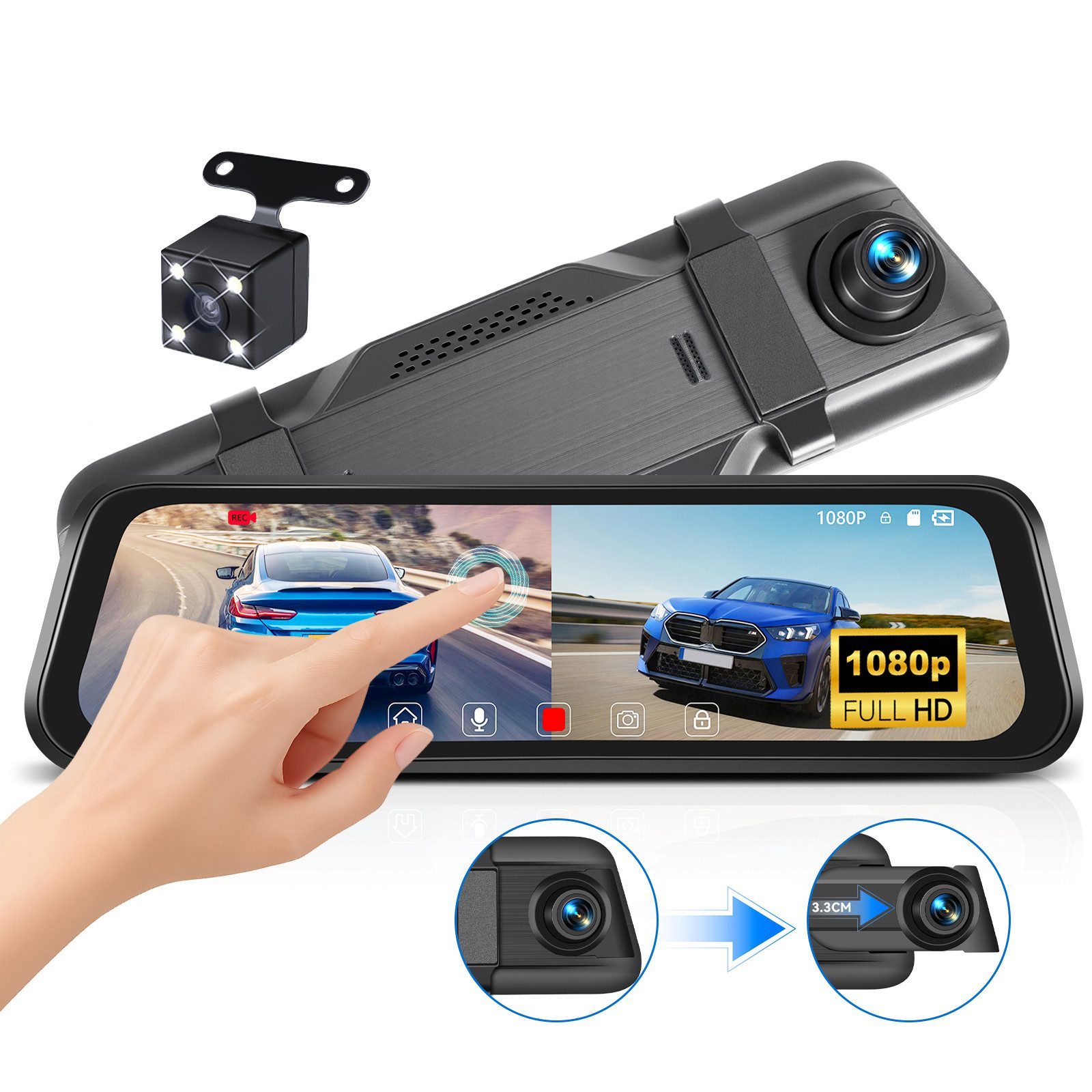 Hikity Dashcam Auto, 9,66-Zoll 1080P mit 2 Channel, Touchscreen Auto kamera Dashcam (HD, 1080P, Nachtsichteffekt)