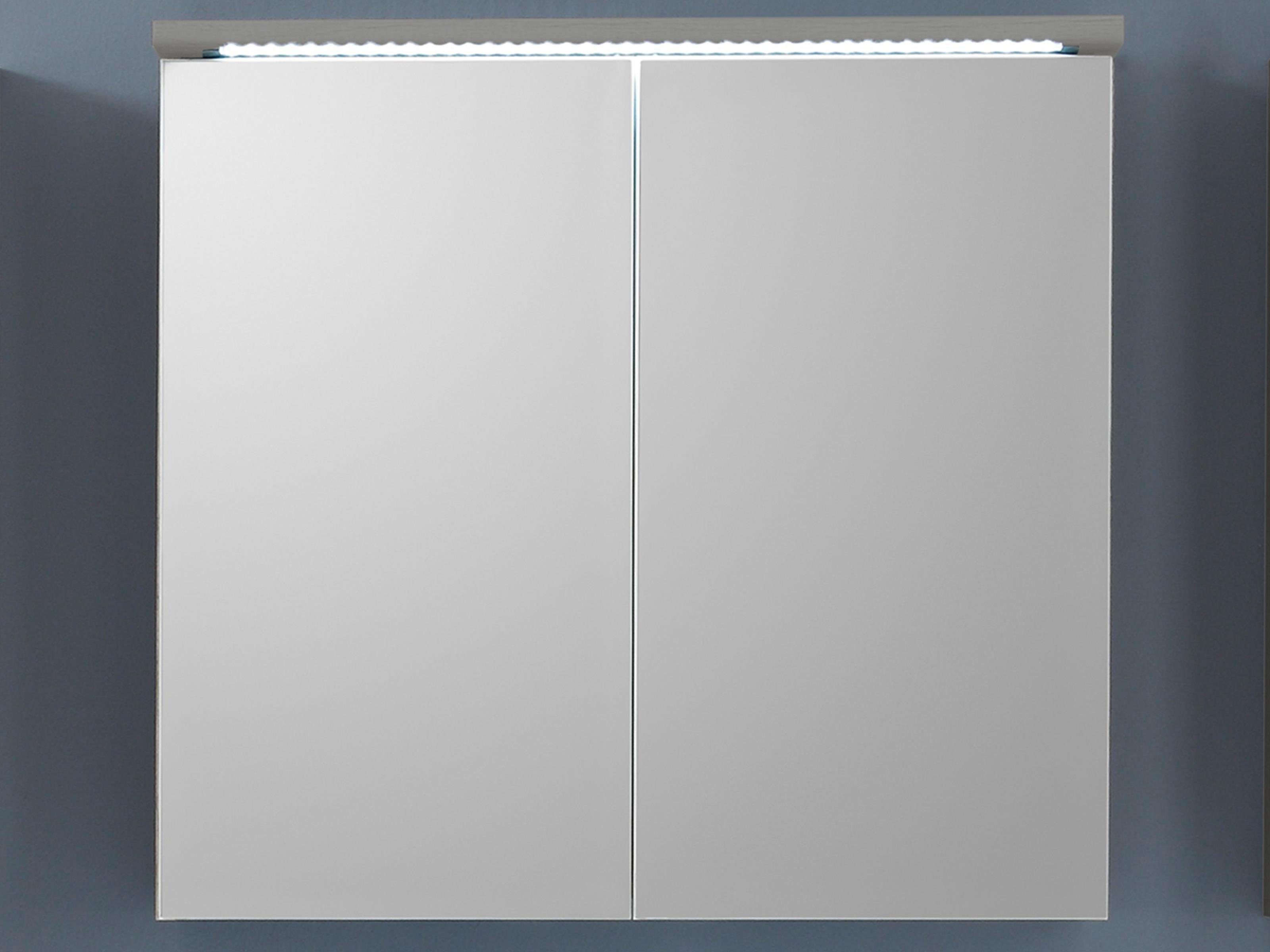 möbelando Spiegelschrank Randolph Moderner Spiegelschrank aus Spanplatte in Titan mit 2 Spiegeltüren und 2 Glaseinlegeböden, inkl. LED-Beleuchtung. Breite 80 cm, Höhe 77 cm, Tiefe 23 cm